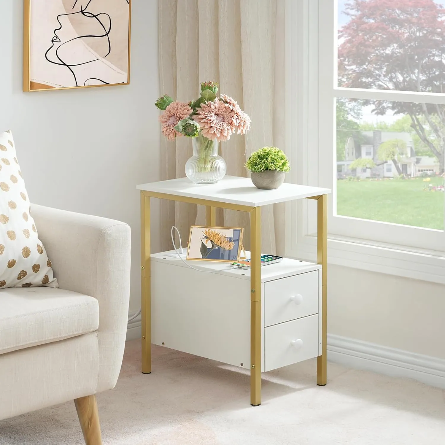HOOBRO End Table with Charging Station, Narrow Side Table with 2 Drawer & USB Ports & Power Outlets, Nightstand for Small Spaces, Stable and Sturdy, for Living Room, Bedroom, Gold and White DW541BZ01