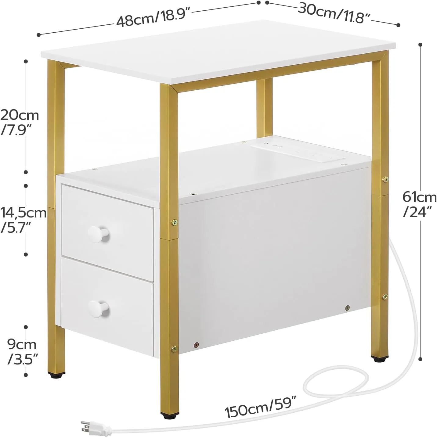 HOOBRO End Table with Charging Station, Narrow Side Table with 2 Drawer & USB Ports & Power Outlets, Nightstand for Small Spaces, Stable and Sturdy, for Living Room, Bedroom, Gold and White DW541BZ01