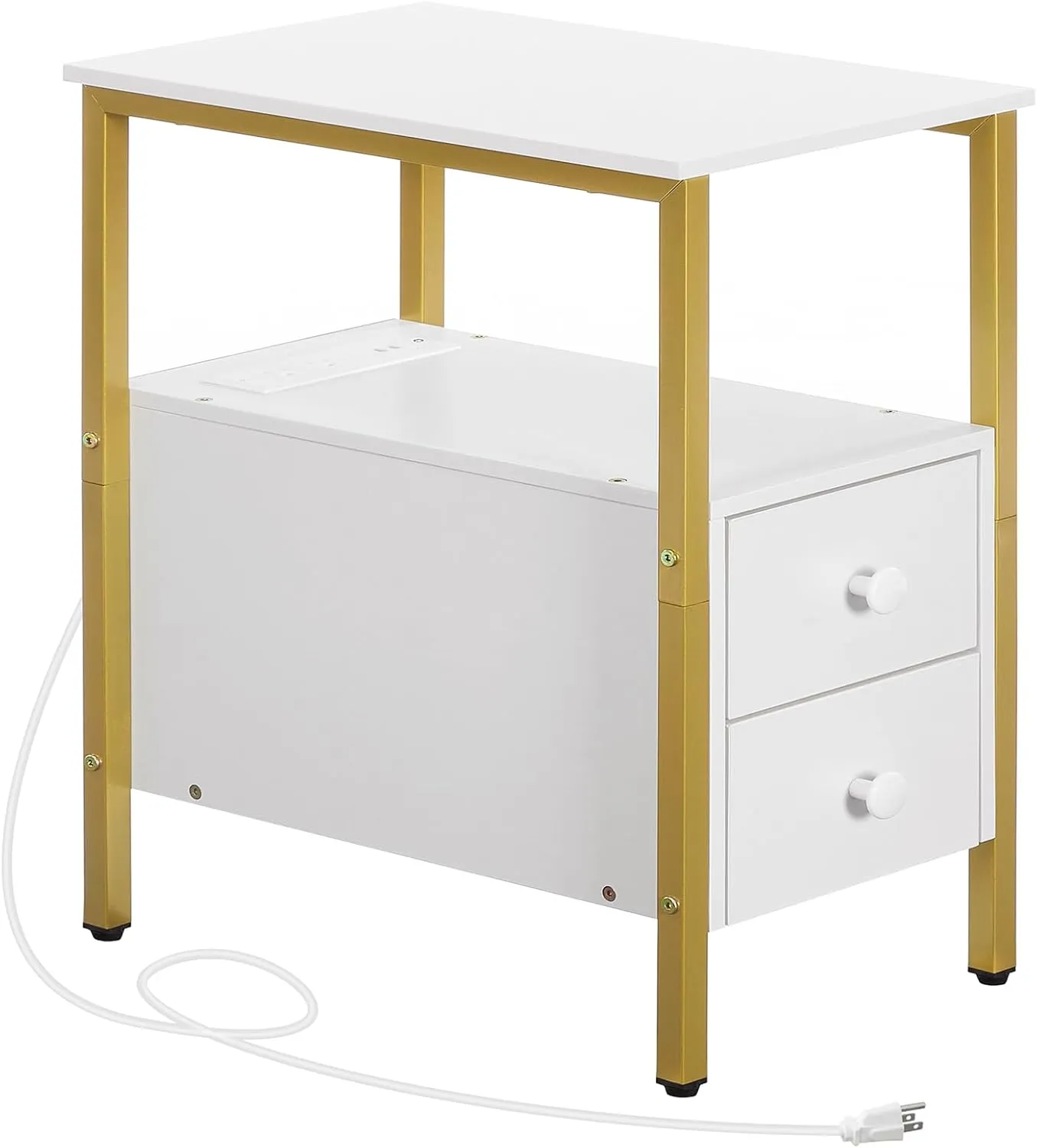 HOOBRO End Table with Charging Station, Narrow Side Table with 2 Drawer & USB Ports & Power Outlets, Nightstand for Small Spaces, Stable and Sturdy, for Living Room, Bedroom, Gold and White DW541BZ01