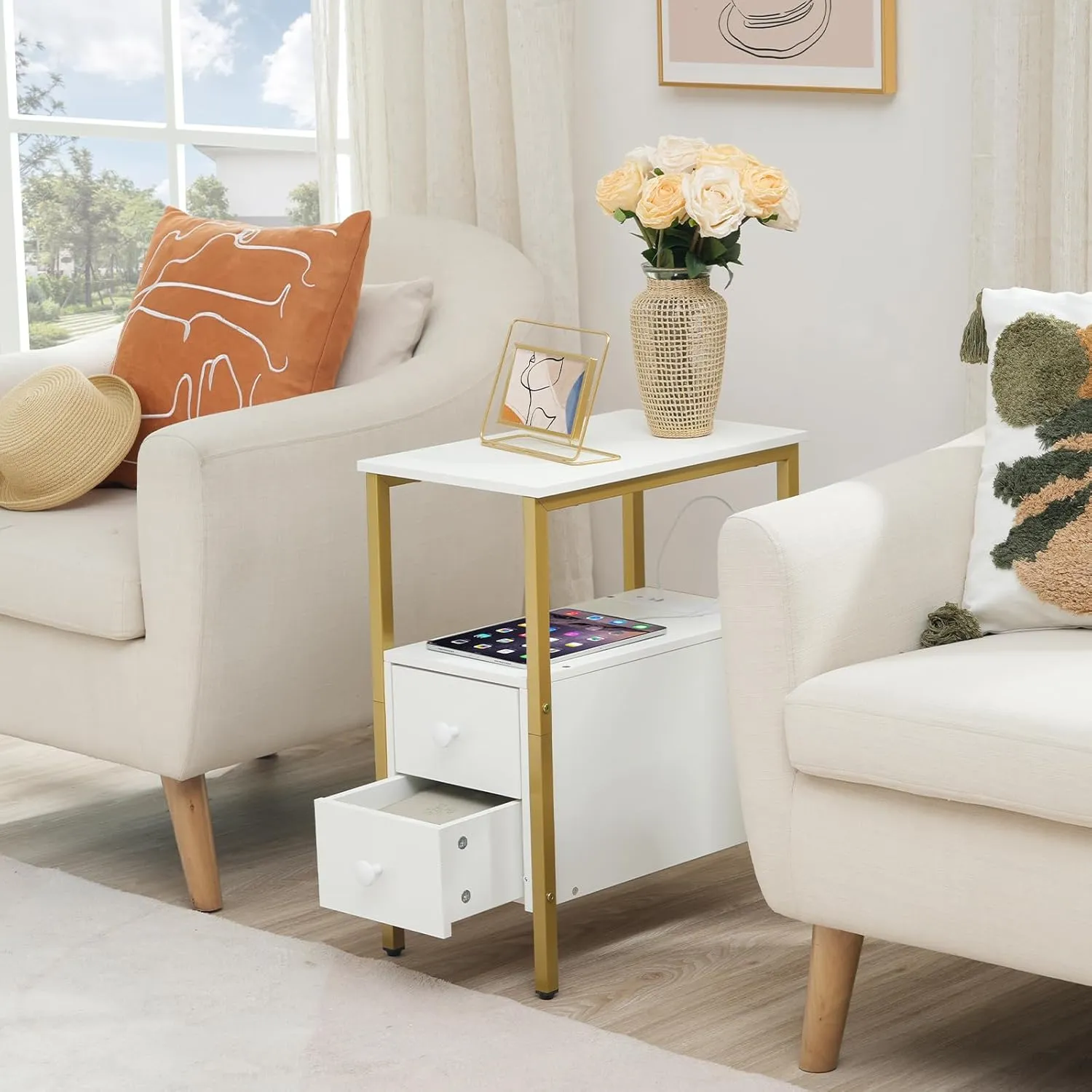 HOOBRO End Table with Charging Station, Narrow Side Table with 2 Drawer & USB Ports & Power Outlets, Nightstand for Small Spaces, Stable and Sturdy, for Living Room, Bedroom, Gold and White DW541BZ01