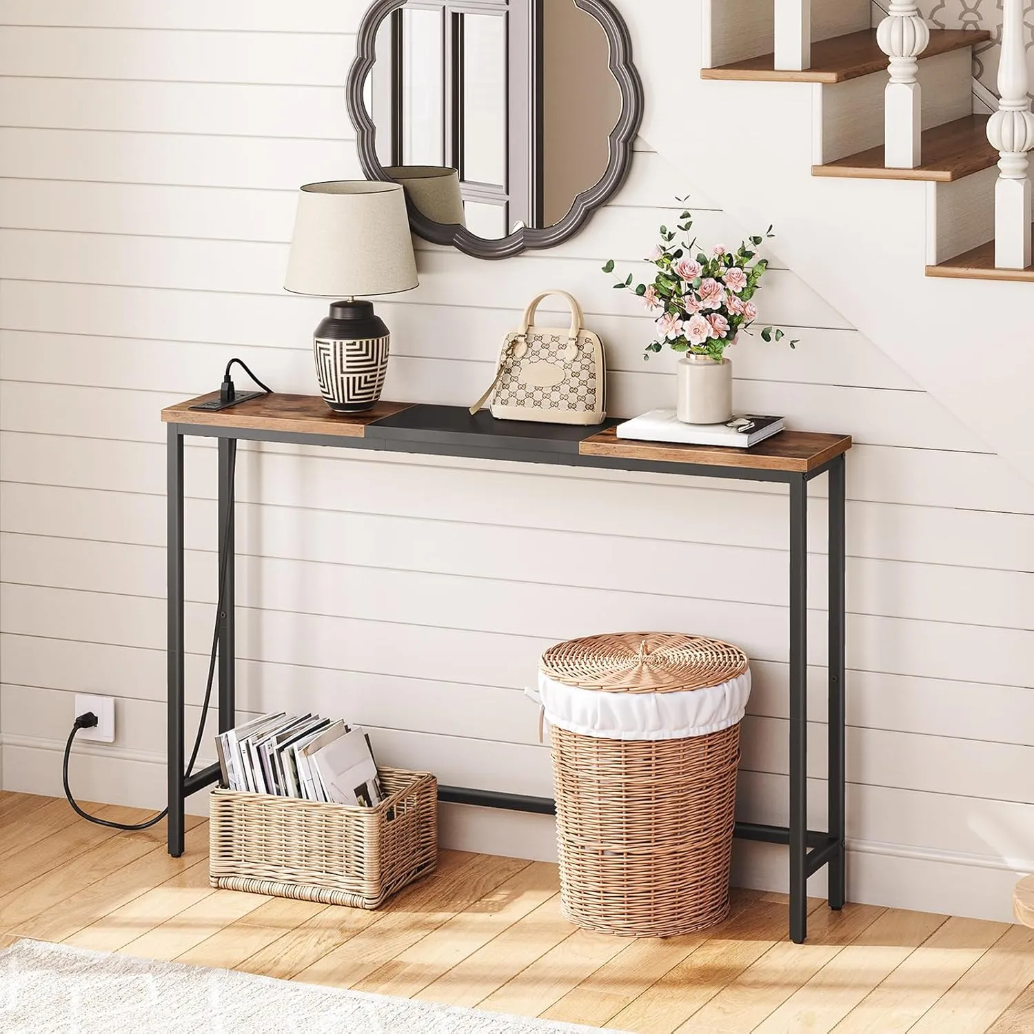 HOOBRO Narrow Console Table with Power Outlets, 44.9-Inch Sofa Table, Slim Behind Couch Table, Entryway Display Shelf, for Living Room, Foyer, Hallway, Rustic Brown and Black BF114UXG01
