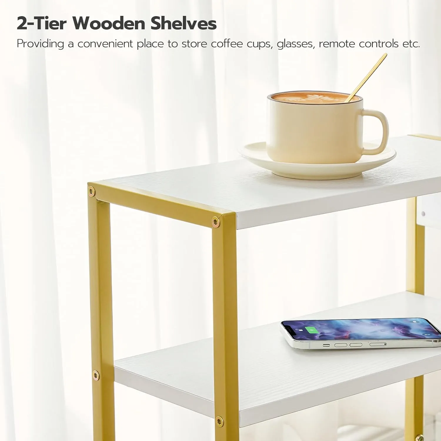 HOOBRO Narrow Side Table, End Table with Charging Station, 3-Tier Nightstand, Bedside Table with 2 Wooden Shelves and Magazine Sling, for Small Space, Living Room, Bedroom, White and Gold DW103UBZ01