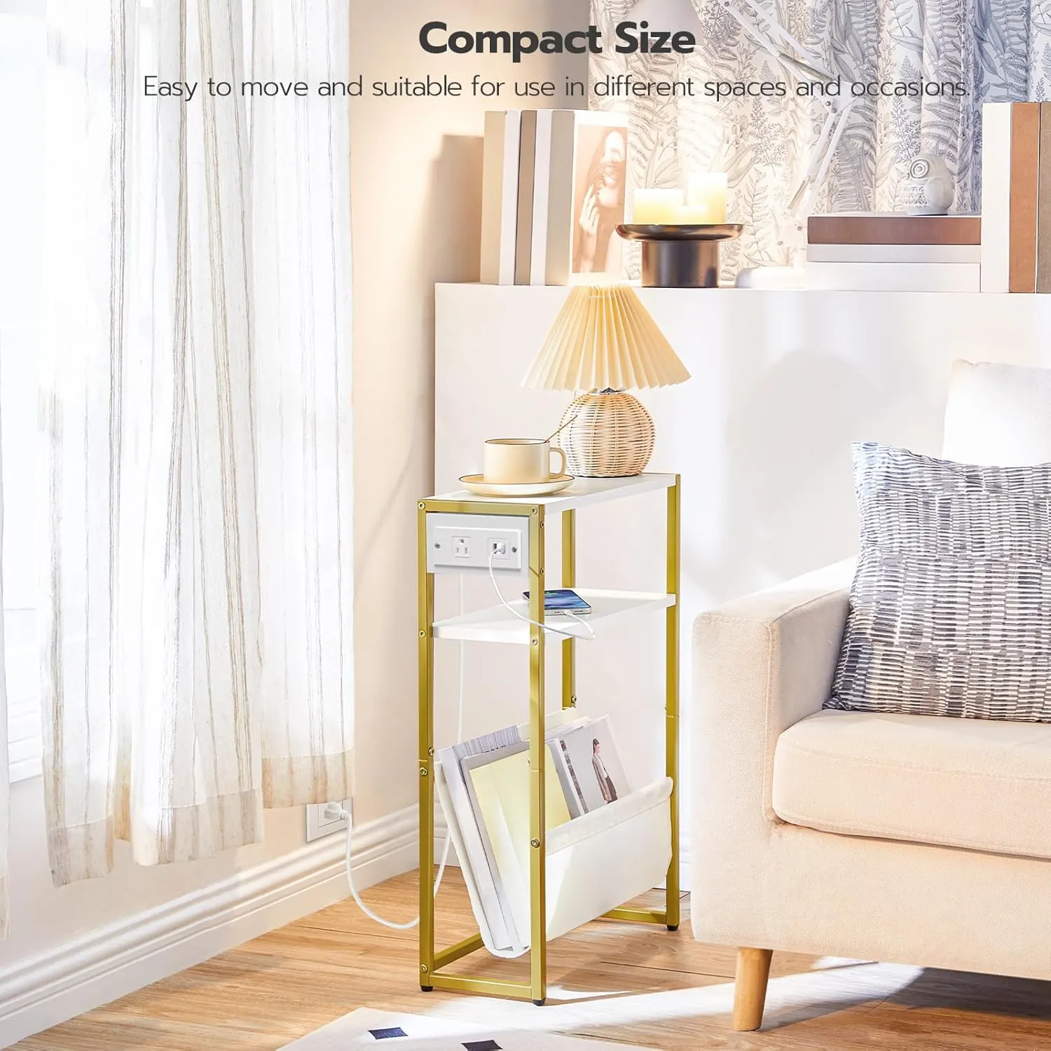 HOOBRO Narrow Side Table, End Table with Charging Station, 3-Tier Nightstand, Bedside Table with 2 Wooden Shelves and Magazine Sling, for Small Space, Living Room, Bedroom, White and Gold DW103UBZ01
