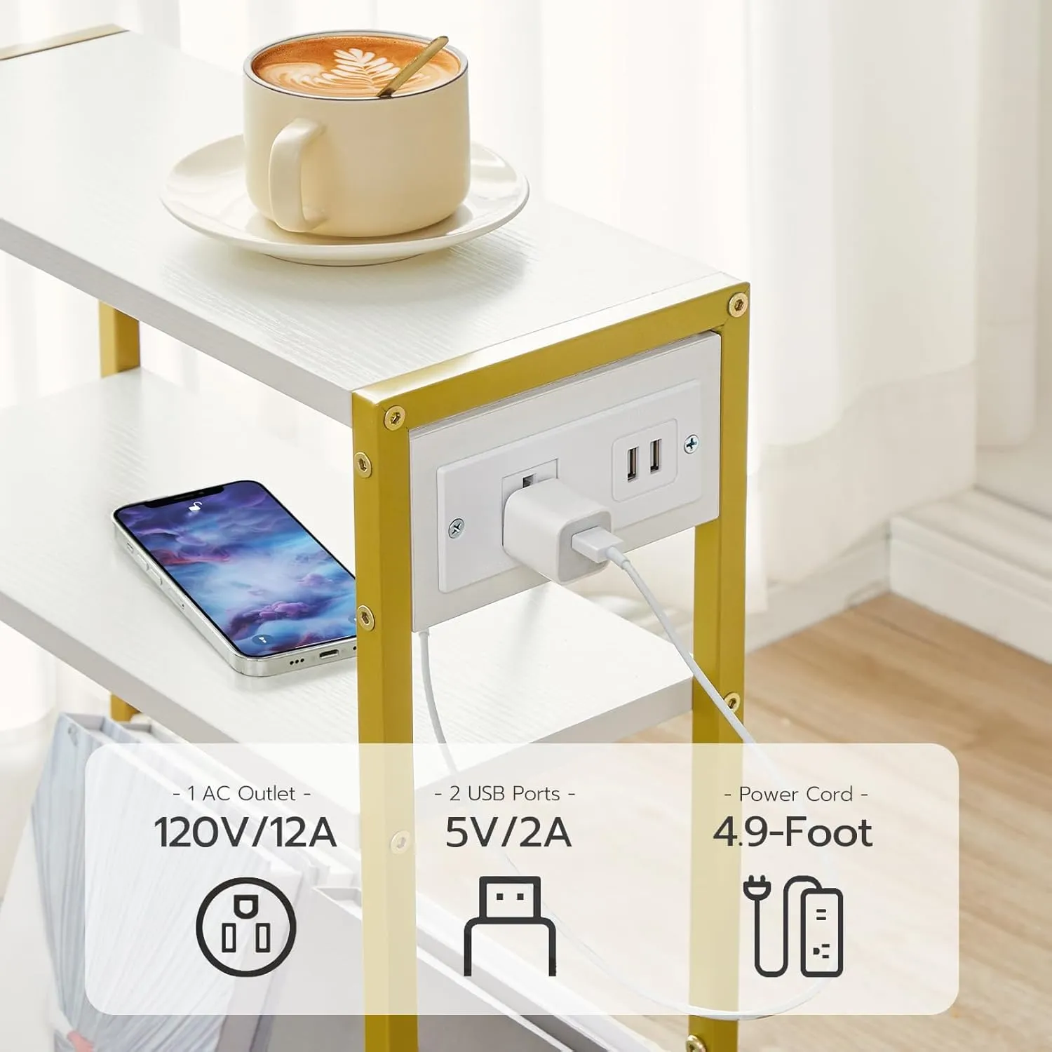 HOOBRO Narrow Side Table, End Table with Charging Station, 3-Tier Nightstand, Bedside Table with 2 Wooden Shelves and Magazine Sling, for Small Space, Living Room, Bedroom, White and Gold DW103UBZ01