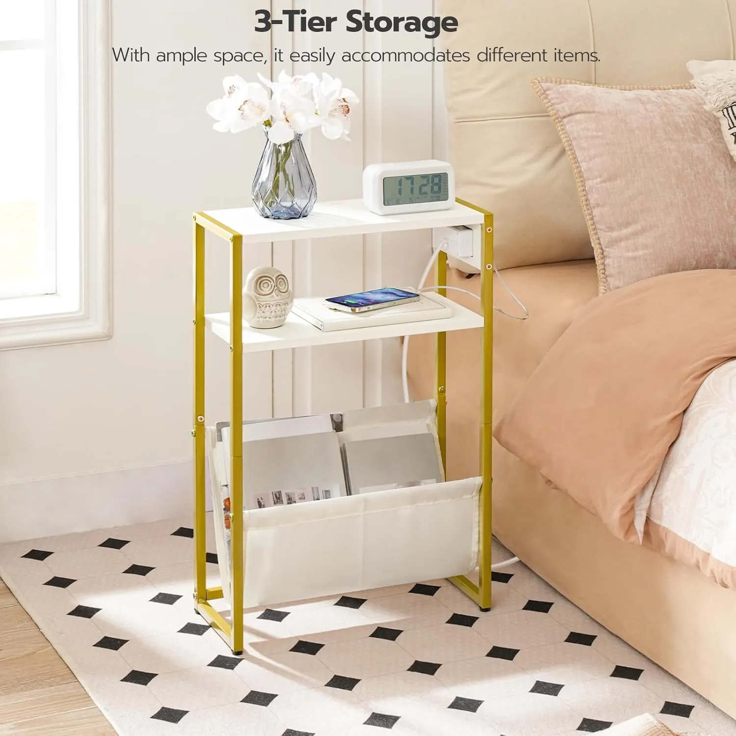 HOOBRO Narrow Side Table, End Table with Charging Station, 3-Tier Nightstand, Bedside Table with 2 Wooden Shelves and Magazine Sling, for Small Space, Living Room, Bedroom, White and Gold DW103UBZ01