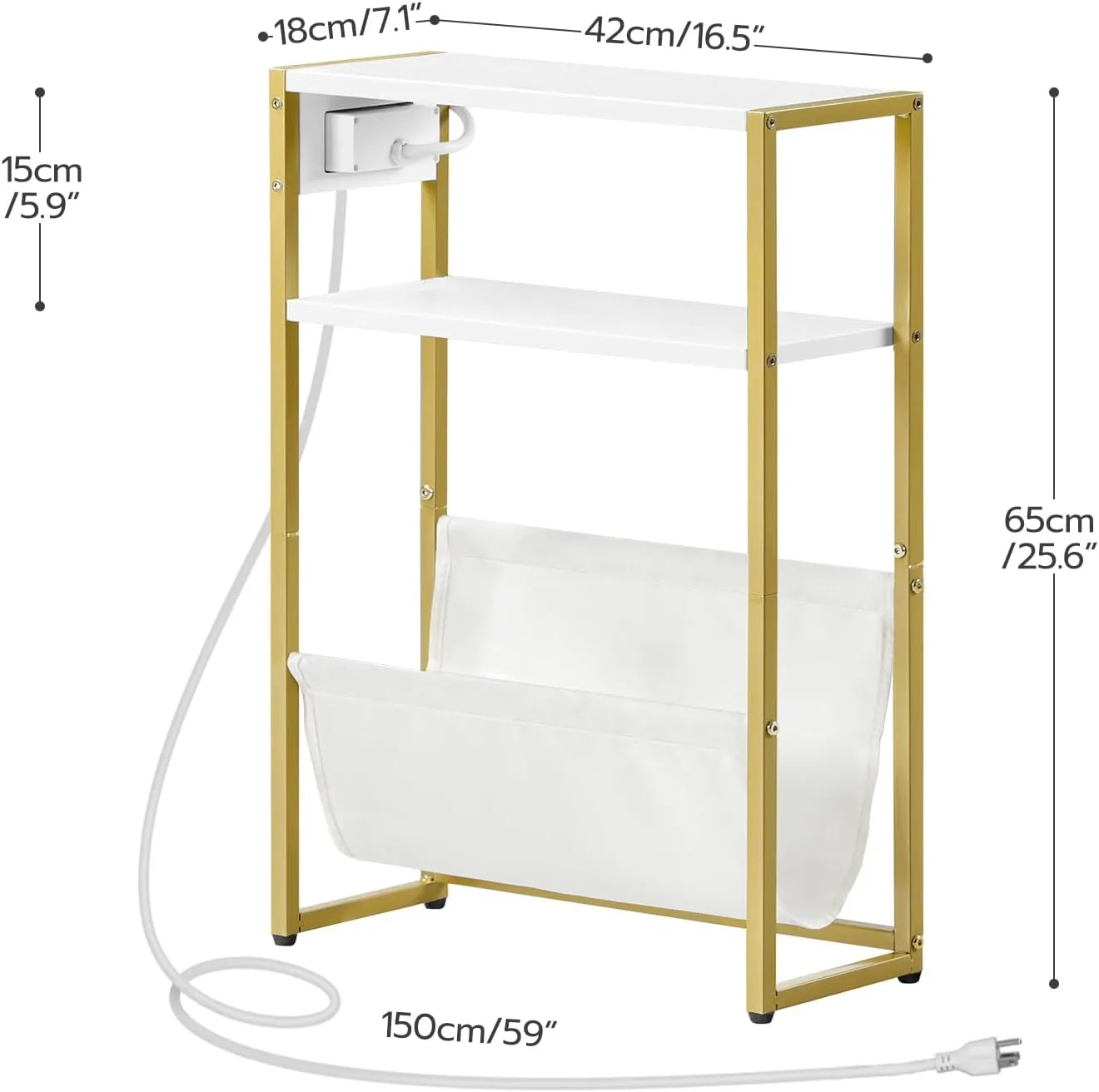 HOOBRO Narrow Side Table, End Table with Charging Station, 3-Tier Nightstand, Bedside Table with 2 Wooden Shelves and Magazine Sling, for Small Space, Living Room, Bedroom, White and Gold DW103UBZ01