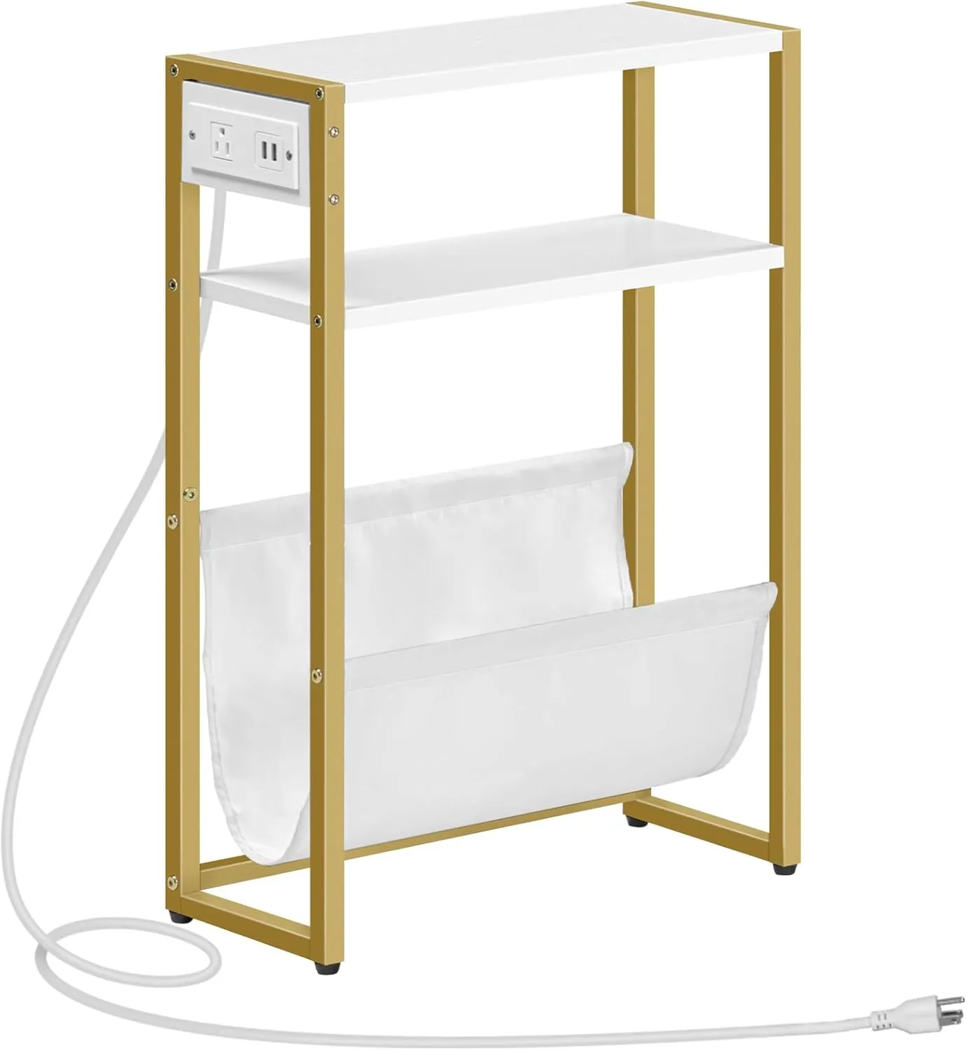 HOOBRO Narrow Side Table, End Table with Charging Station, 3-Tier Nightstand, Bedside Table with 2 Wooden Shelves and Magazine Sling, for Small Space, Living Room, Bedroom, White and Gold DW103UBZ01