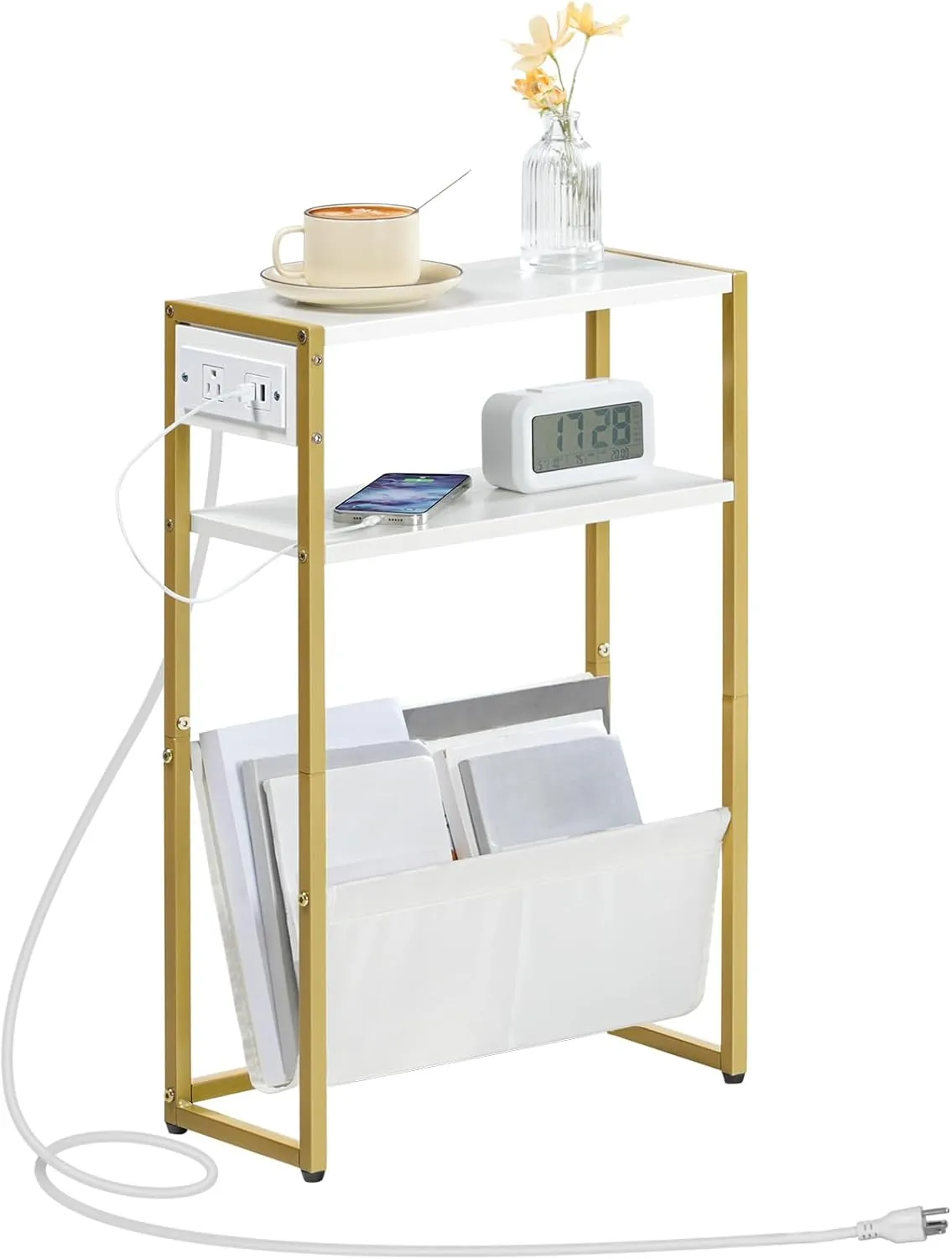 HOOBRO Narrow Side Table, End Table with Charging Station, 3-Tier Nightstand, Bedside Table with 2 Wooden Shelves and Magazine Sling, for Small Space, Living Room, Bedroom, White and Gold DW103UBZ01