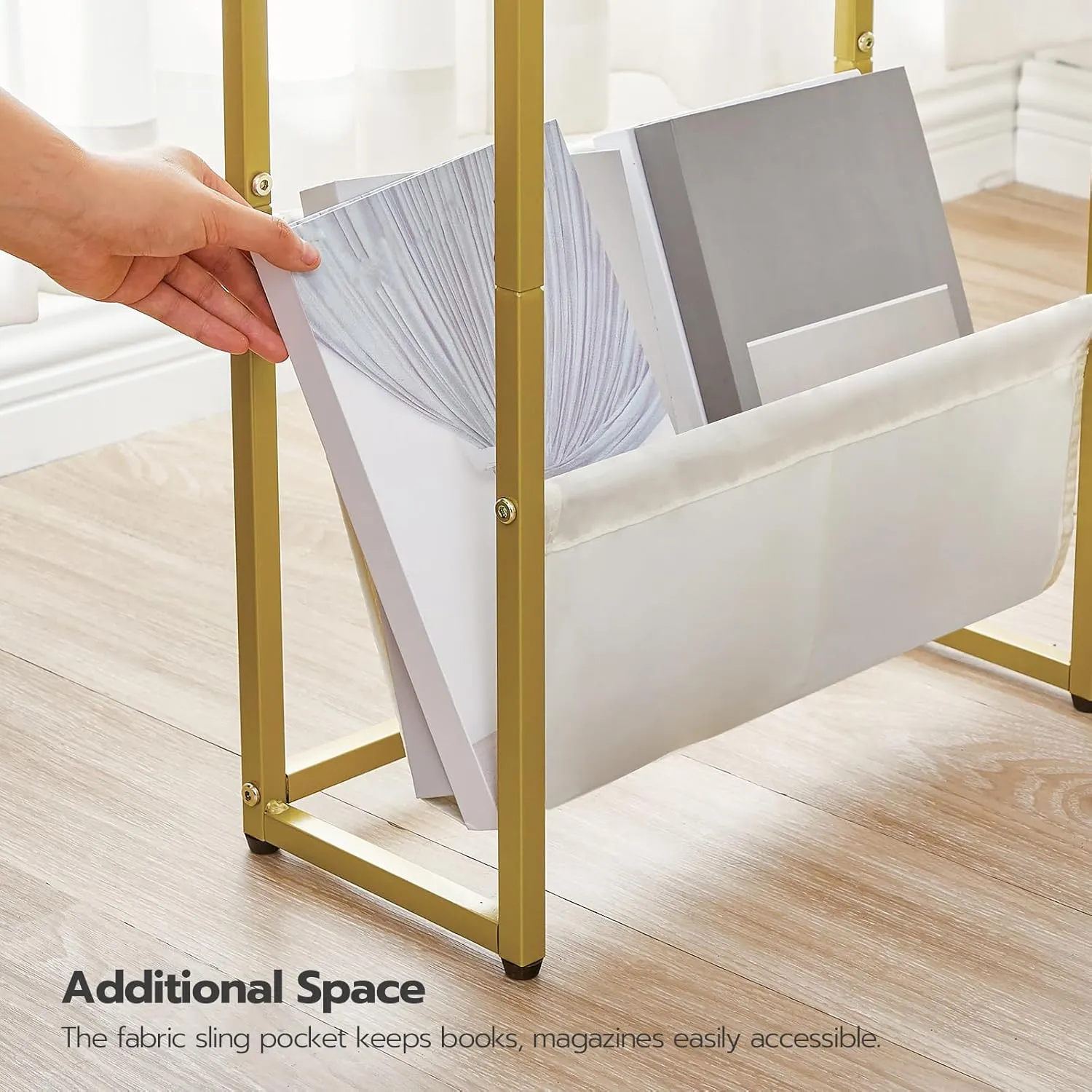 HOOBRO Narrow Side Table, End Table with Charging Station, 3-Tier Nightstand, Bedside Table with 2 Wooden Shelves and Magazine Sling, for Small Space, Living Room, Bedroom, White and Gold DW103UBZ01