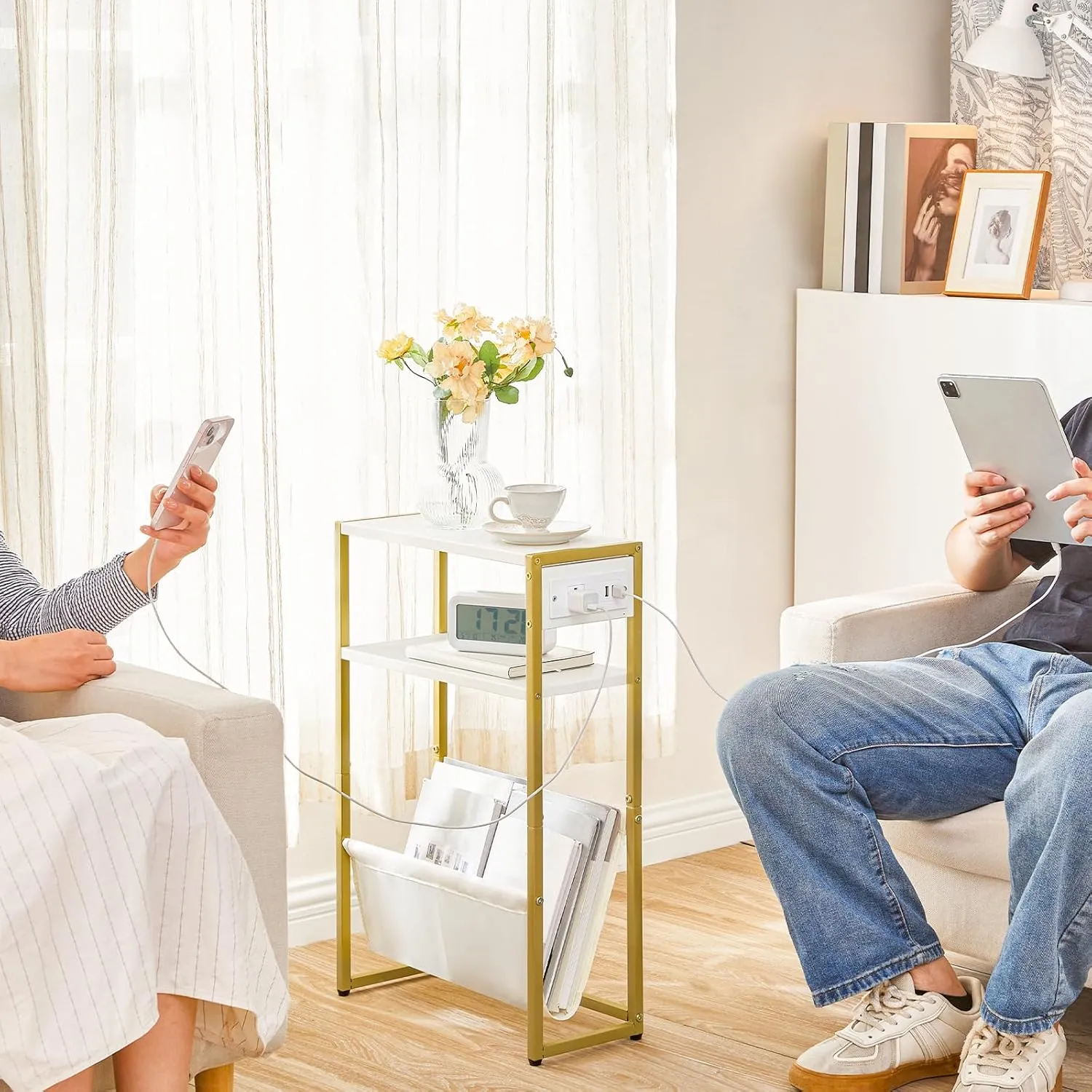 HOOBRO Narrow Side Table, End Table with Charging Station, 3-Tier Nightstand, Bedside Table with 2 Wooden Shelves and Magazine Sling, for Small Space, Living Room, Bedroom, White and Gold DW103UBZ01