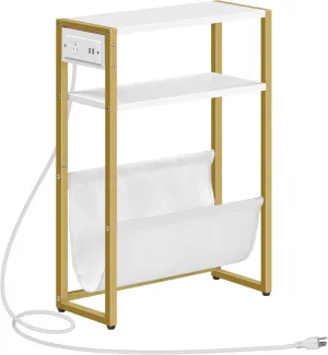 HOOBRO Narrow Side Table, End Table with Charging Station, 3-Tier Nightstand, Bedside Table with 2 Wooden Shelves and Magazine Sling, for Small Space, Living Room, Bedroom, White and Gold DW103UBZ01