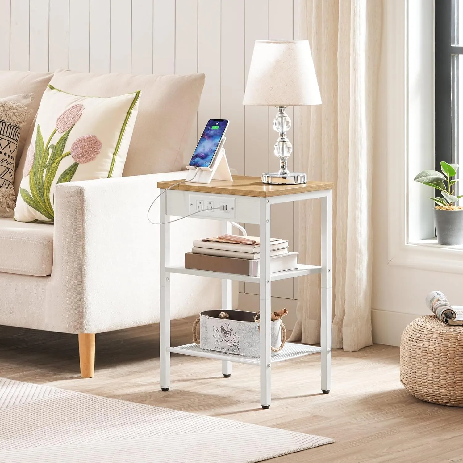 HOOBRO Side Table with Charging Station and USB Ports, Small End Table for Small Space, 3-Tier Nightstand with Adjustable Shelf, for Living Room, Bedroom and Balcony, Natural and White WN112BZ01