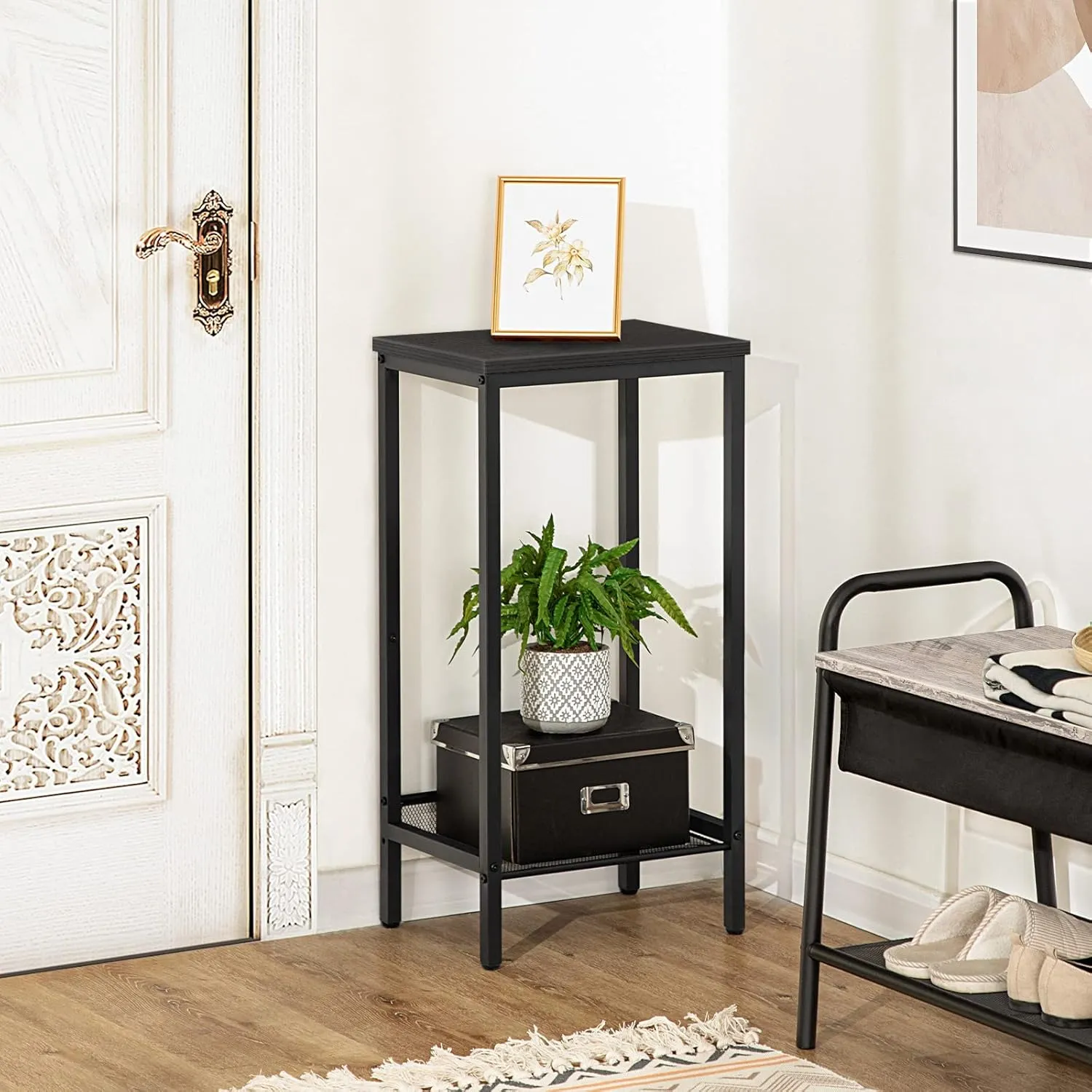 HOOBRO Tall Side Table, Industrial End Telephone Table with Adjustable Mesh Shelves, for Living Room, Bedroom, Entryway, Office, Black BB03DH01