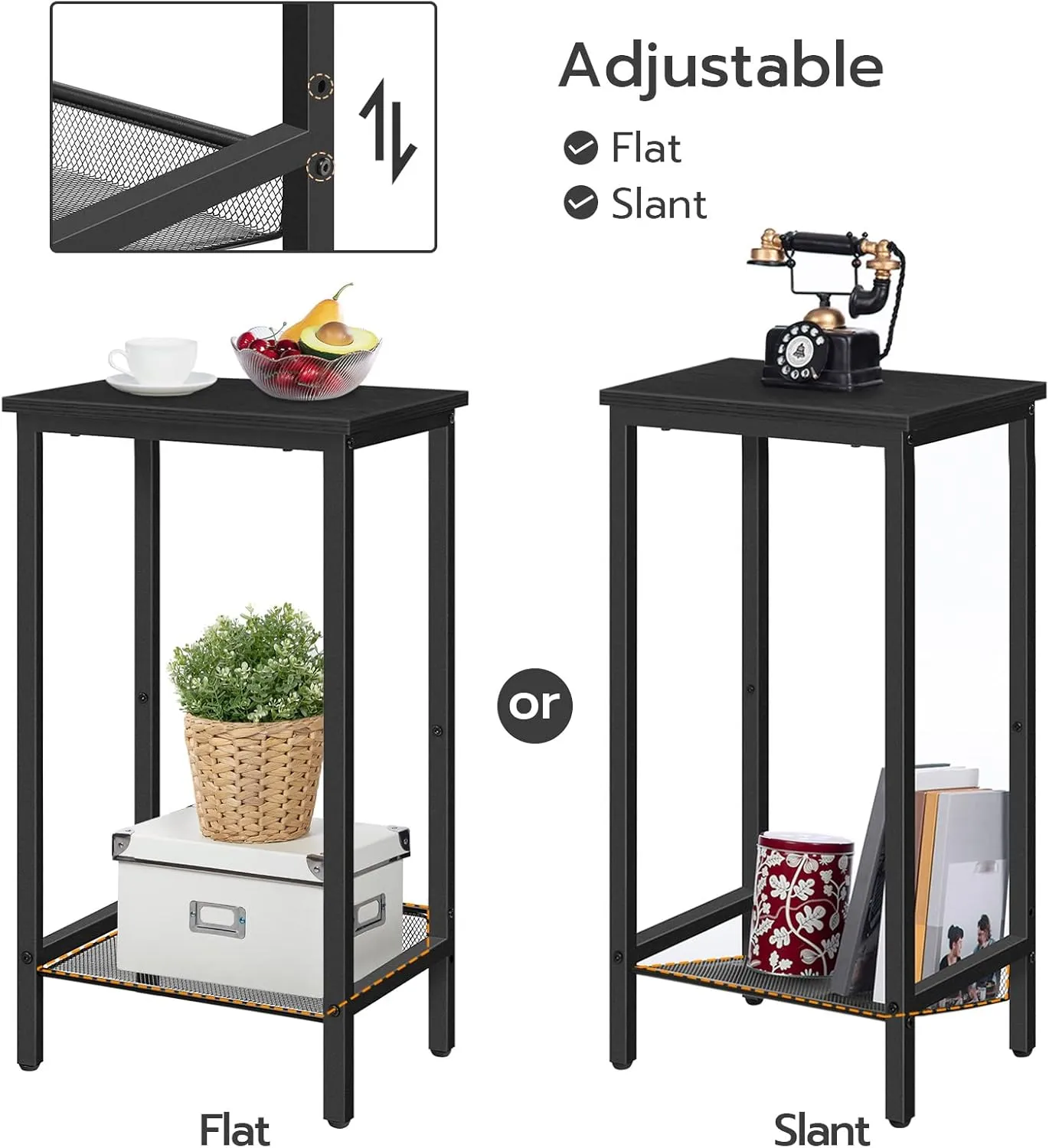 HOOBRO Tall Side Table, Industrial End Telephone Table with Adjustable Mesh Shelves, for Living Room, Bedroom, Entryway, Office, Black BB03DH01