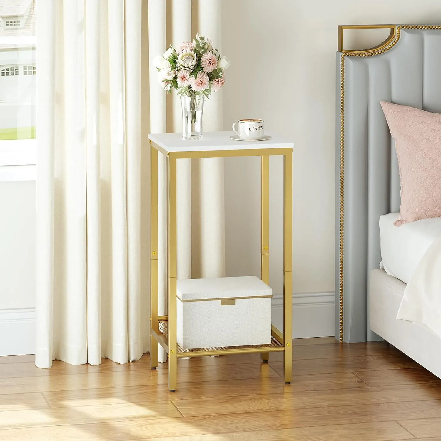 HOOBRO Tall Side Table, Industrial End Telephone Table with Adjustable Mesh Shelves, for Living Room, Bedroom, Entryway, Office, White and Gold DW03DH01