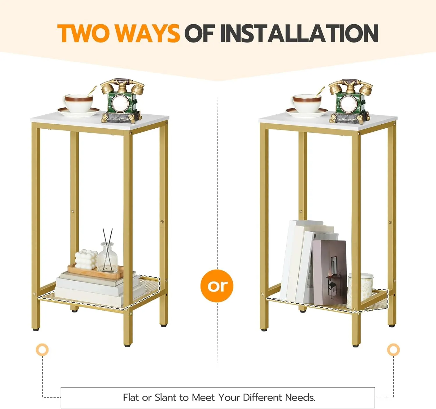 HOOBRO Tall Side Table, Industrial End Telephone Table with Adjustable Mesh Shelves, for Living Room, Bedroom, Entryway, Office, White and Gold DW03DH01