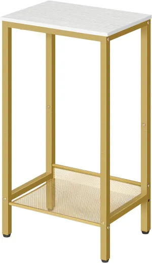 HOOBRO Tall Side Table, Industrial End Telephone Table with Adjustable Mesh Shelves, for Living Room, Bedroom, Entryway, Office, White and Gold DW03DH01
