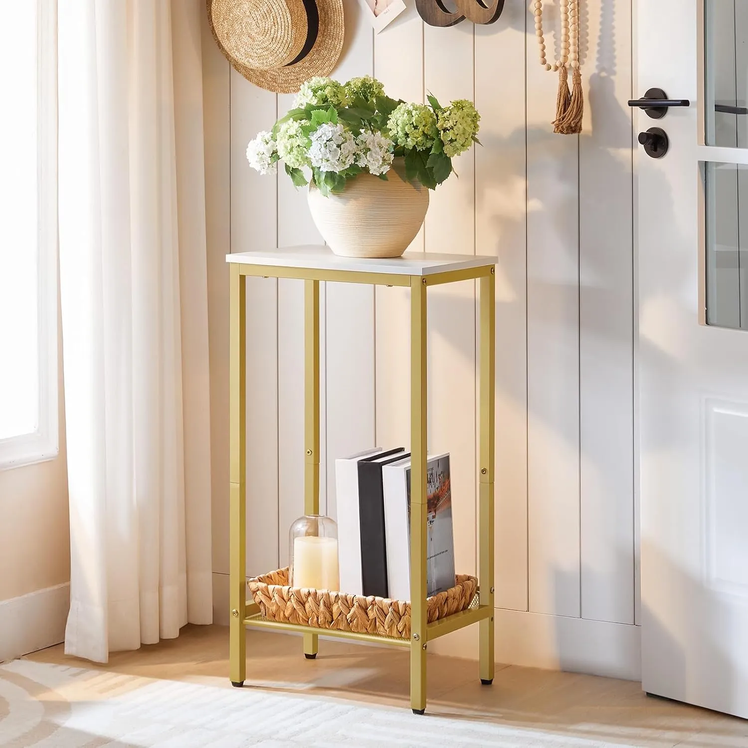 HOOBRO Tall Side Table, Industrial End Telephone Table with Adjustable Mesh Shelves, for Living Room, Bedroom, Entryway, Office, White and Gold DW03DH01