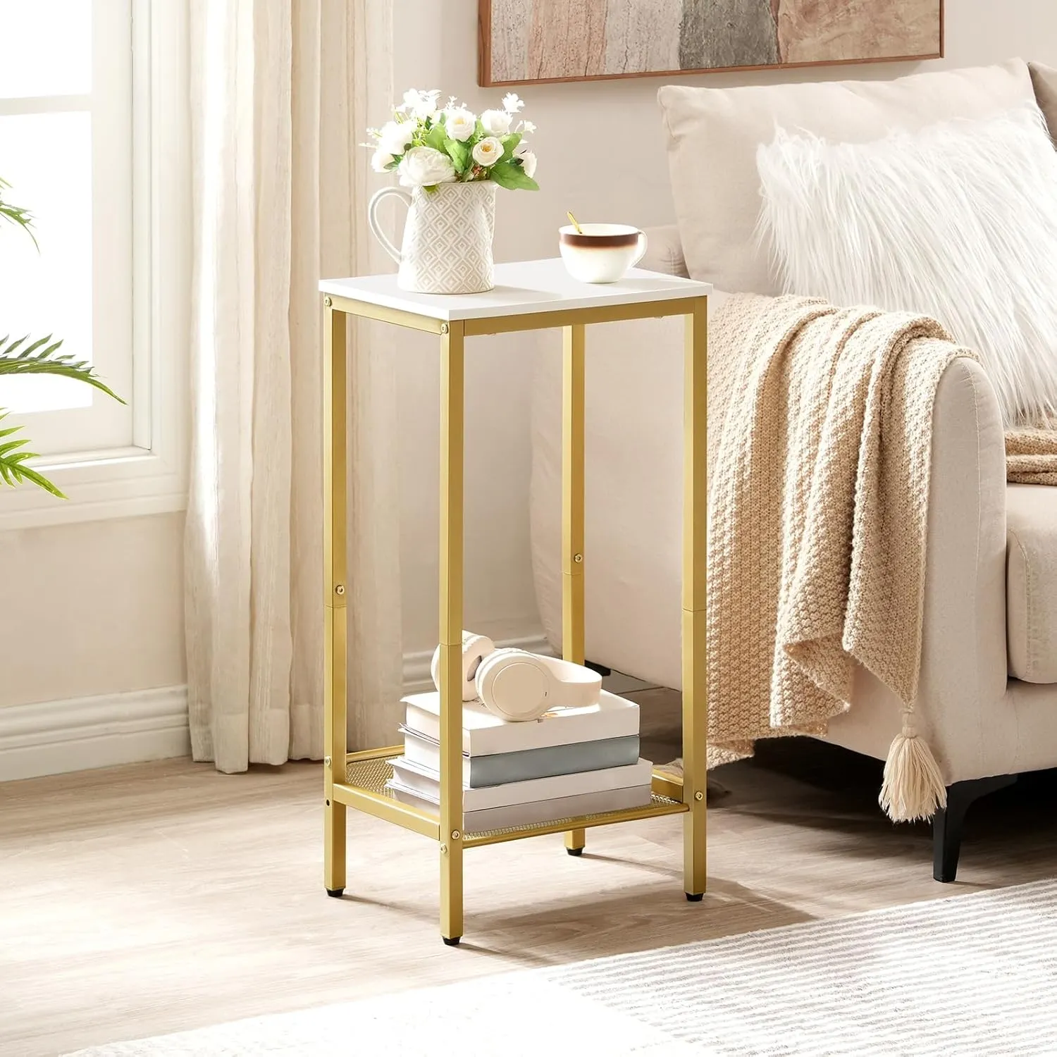 HOOBRO Tall Side Table, Industrial End Telephone Table with Adjustable Mesh Shelves, for Living Room, Bedroom, Entryway, Office, White and Gold DW03DH01