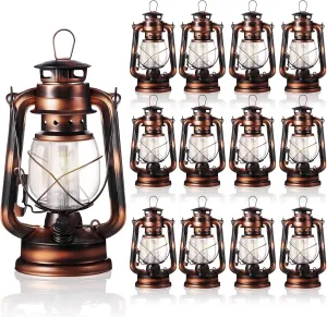 Hortsun 8 Pieces 8 Inch Vintage LED Hurricane Lantern 12 Warm LEDs and Dimmer Switch Battery Operated Farmers Hanging Lantern for Indoor Outdoor Camping Usage Decor