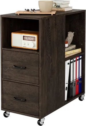 HOSTACK End Side Table, Narrow Nightstand with Storage Drawers and Adjustable Shelf, Rolling Bedside Table for Bedroom, Living Room, Home Office, Dark Brown