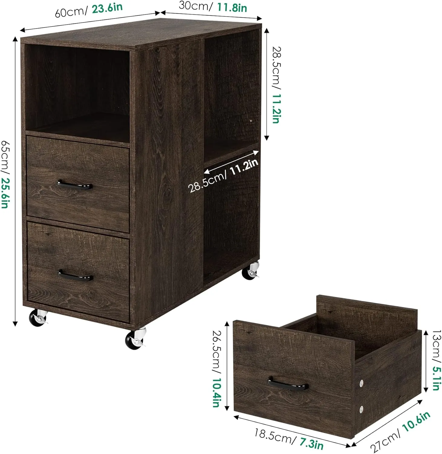HOSTACK End Side Table, Narrow Nightstand with Storage Drawers and Adjustable Shelf, Rolling Bedside Table for Bedroom, Living Room, Home Office, Dark Brown
