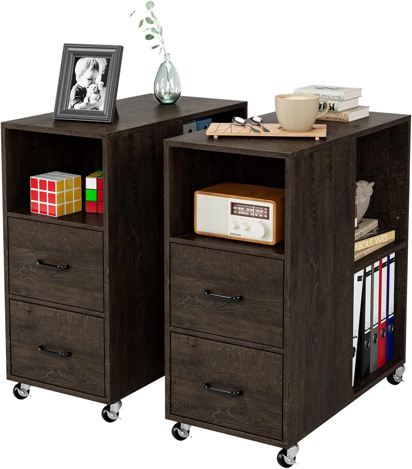 HOSTACK End Side Table, Narrow Nightstand with Storage Drawers and Adjustable Shelf, Rolling Bedside Table for Bedroom, Living Room, Home Office, Dark Brown
