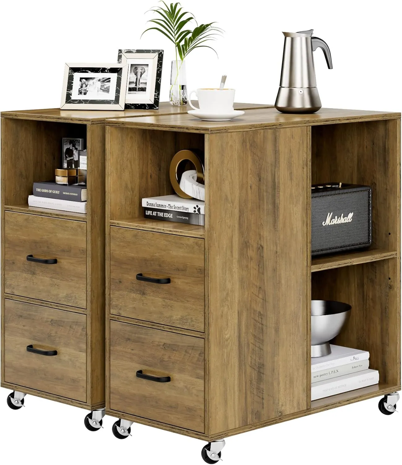 HOSTACK End Side Table, Narrow Nightstand with Storage Drawers and Adjustable Shelf, Rolling Bedside Table for Bedroom, Living Room, Home Office, Rustic Brown