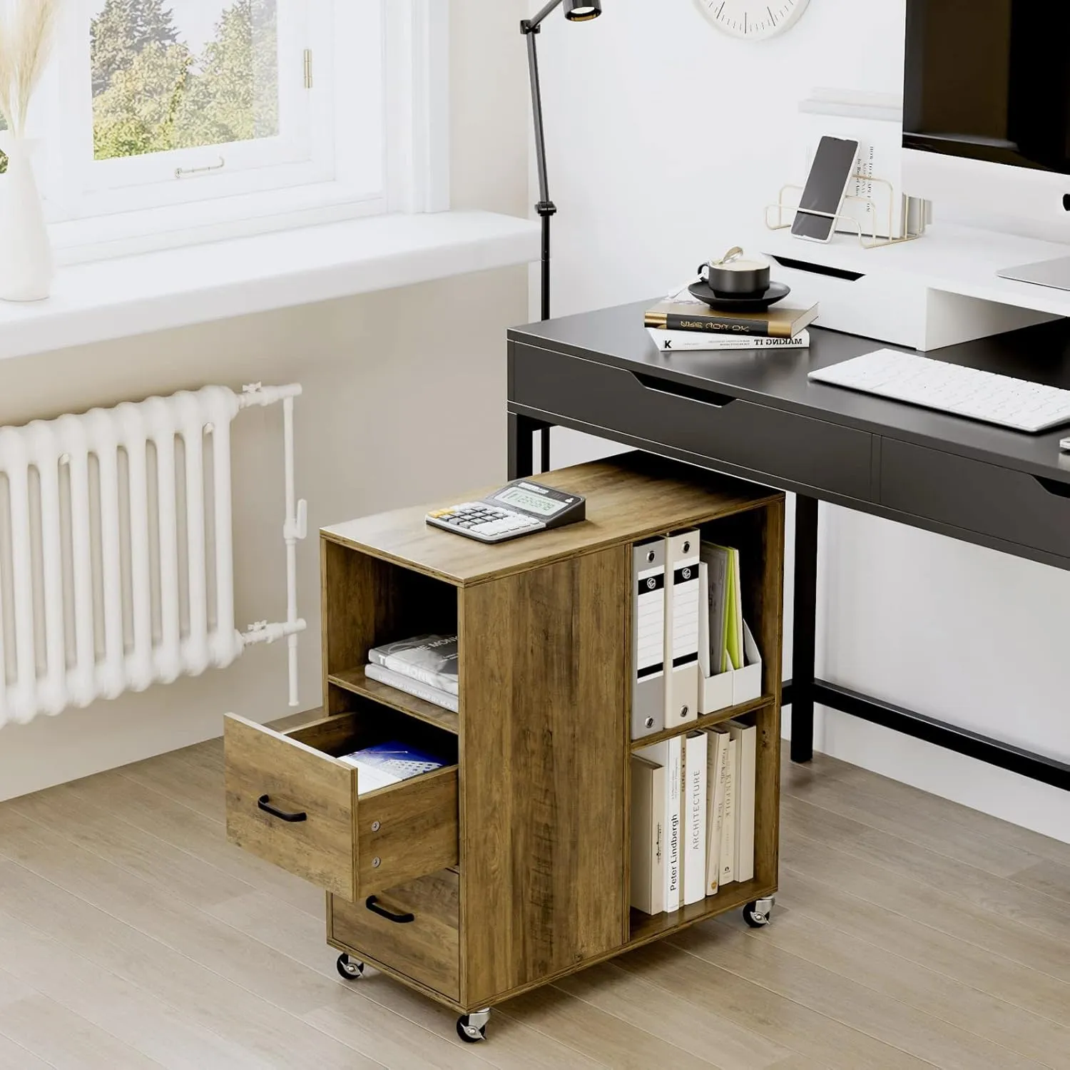 HOSTACK End Side Table, Narrow Nightstand with Storage Drawers and Adjustable Shelf, Rolling Bedside Table for Bedroom, Living Room, Home Office, Rustic Brown