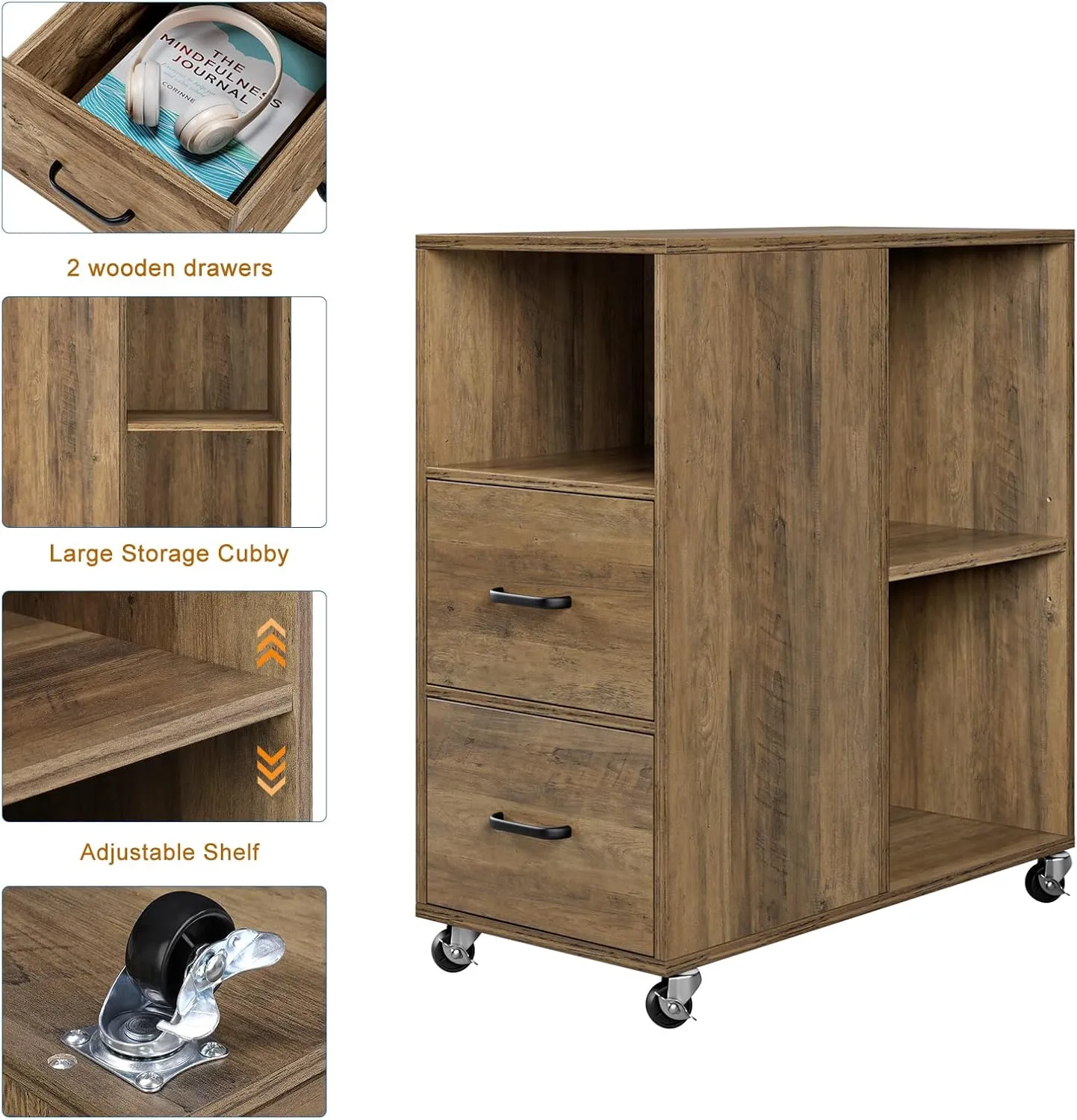 HOSTACK End Side Table, Narrow Nightstand with Storage Drawers and Adjustable Shelf, Rolling Bedside Table for Bedroom, Living Room, Home Office, Rustic Brown