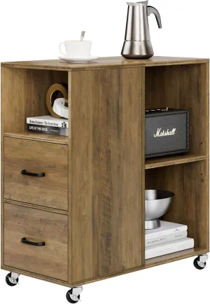 HOSTACK End Side Table, Narrow Nightstand with Storage Drawers and Adjustable Shelf, Rolling Bedside Table for Bedroom, Living Room, Home Office, Rustic Brown
