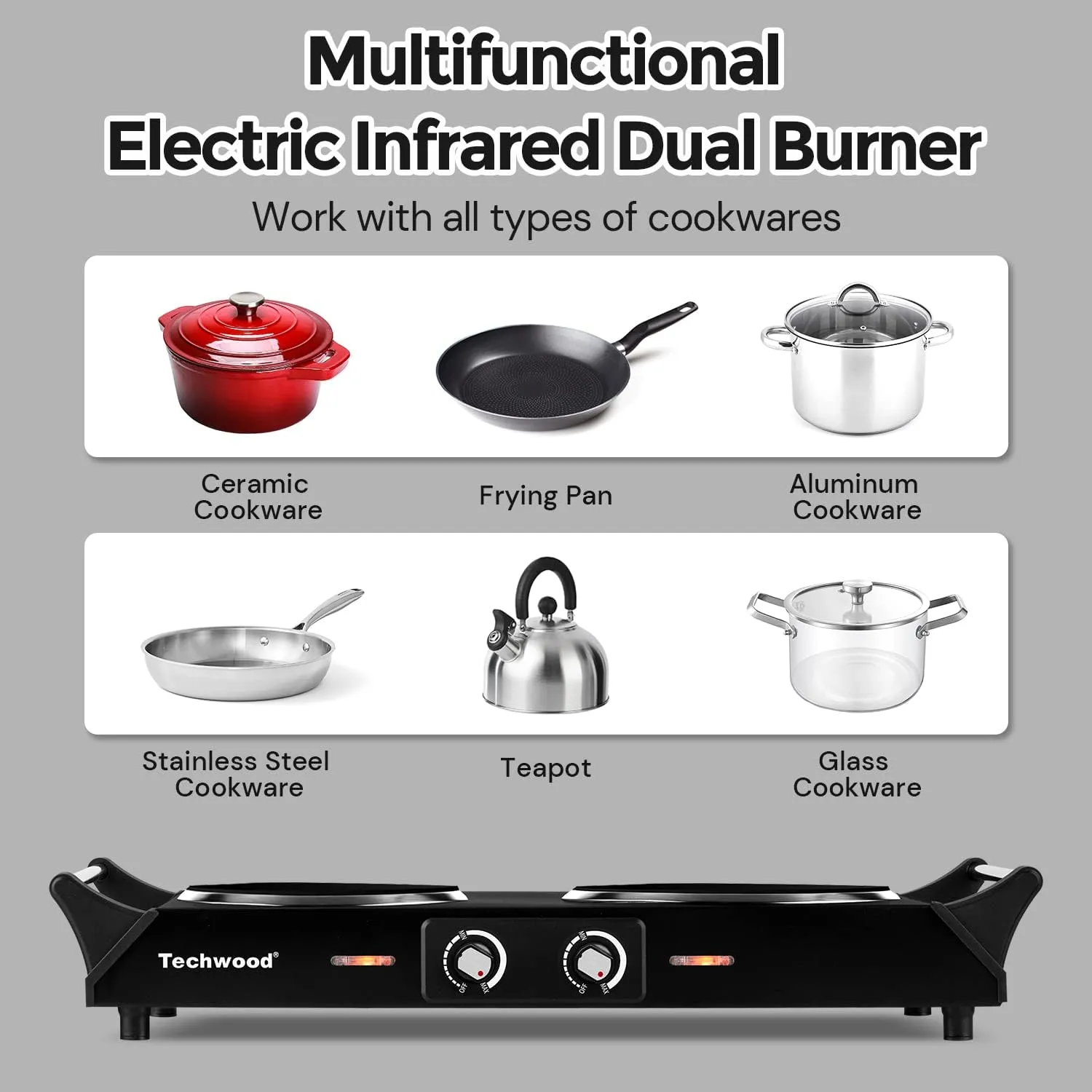 Hot Plate, Techwood 1800W Double Infrared Ceramic Electric Stove for Cooking, Dual Control Cooktop Burners, Portable Anti-scald Handles Suitable for RV/Home/Camp, Compatible for All Cookwares