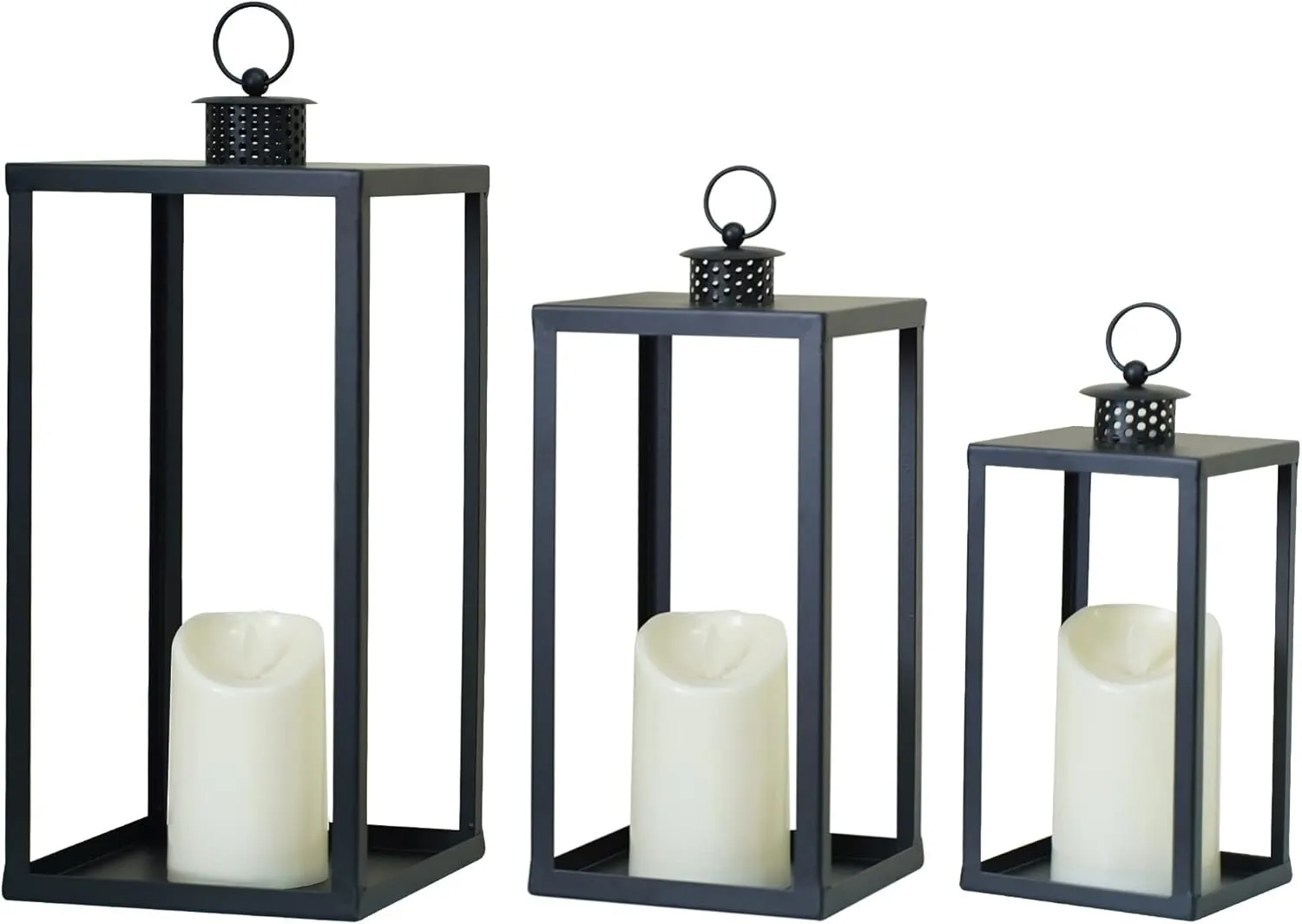 HPC Decor Black Metal Candle Lanterns Set of 3- Lanterns Decorative w/Flickering Timer Candles- 16.5'' 13'' 10'' Chunky Large Modern Farmhouse Candle Lanterns for Indoor, Outdoor, Tabletop (No Glass)