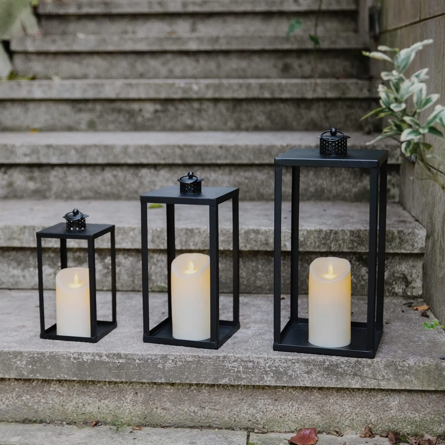 HPC Decor Black Metal Candle Lanterns Set of 3- Lanterns Decorative w/Flickering Timer Candles- 16.5'' 13'' 10'' Chunky Large Modern Farmhouse Candle Lanterns for Indoor, Outdoor, Tabletop (No Glass)