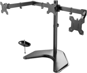HUANUO Triple Monitor Stand - Free Standing Three Monitor Desk Mount for Screens Up to 24 inch, Heavy-Duty Fully Adjustable Arm, Holds Up to 22lbs Each, VESA 75x75 or 100x100