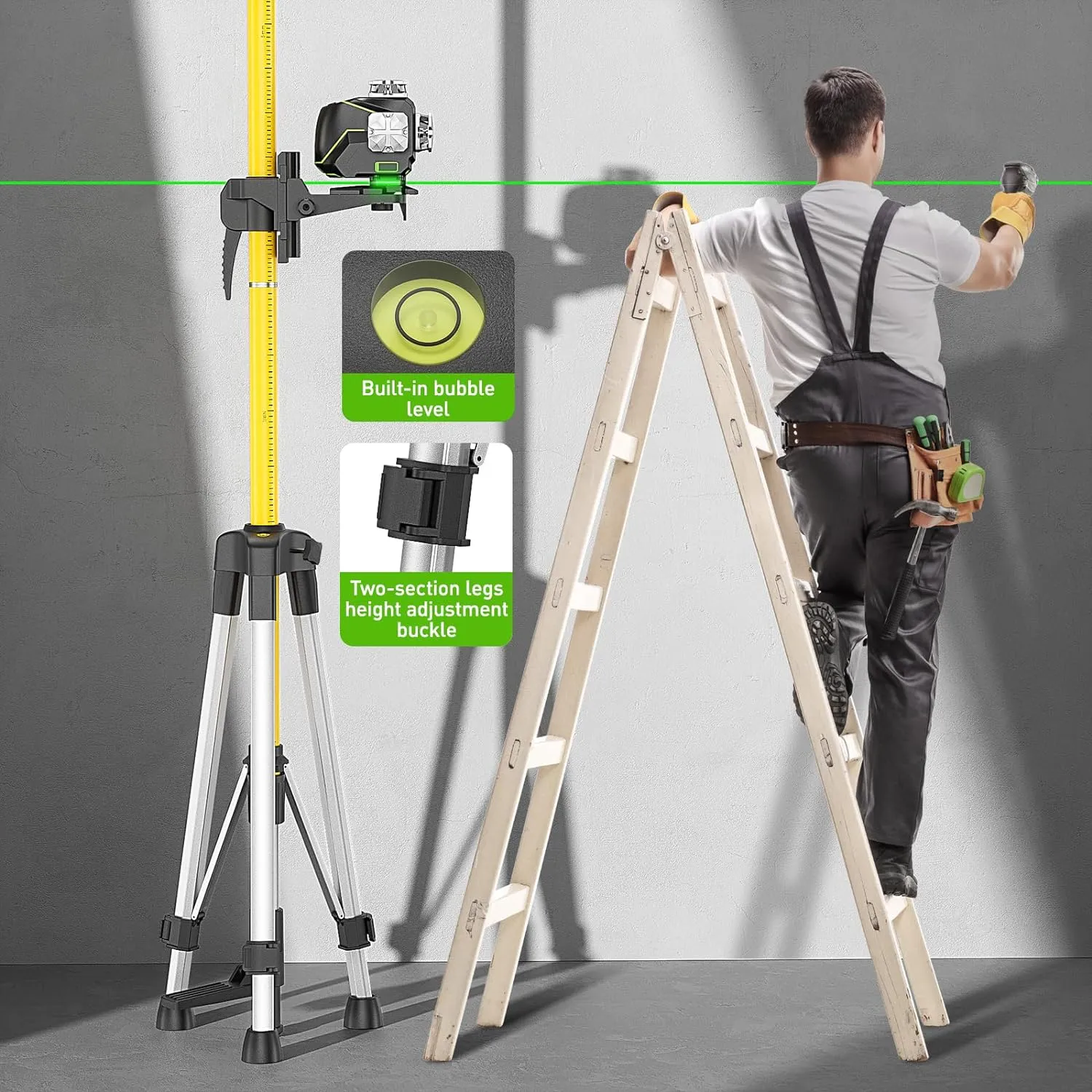 Huepar 12 Ft./3.7m Telescoping Pole with 1/4-Inch by 20-Inch Laser Mount for Rotary and Line Laser Level, Adjustable Telescoping Pole with Tripod - 5/8"-11 Adapter Nut Included LP36