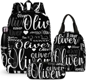HUTARIO Personalized Backpack for School Kids - Black Bookbag Set with Lunch Box and Pencil Case, Waterproof Lightweight 16.8'