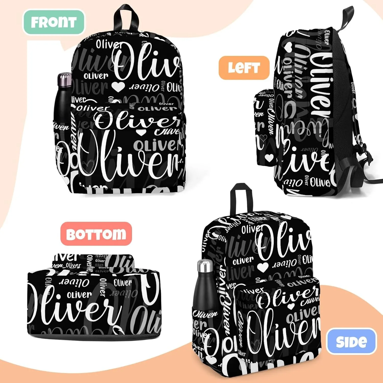 HUTARIO Personalized Backpack for School Kids - Black Bookbag Set with Lunch Box and Pencil Case, Waterproof Lightweight 16.8'