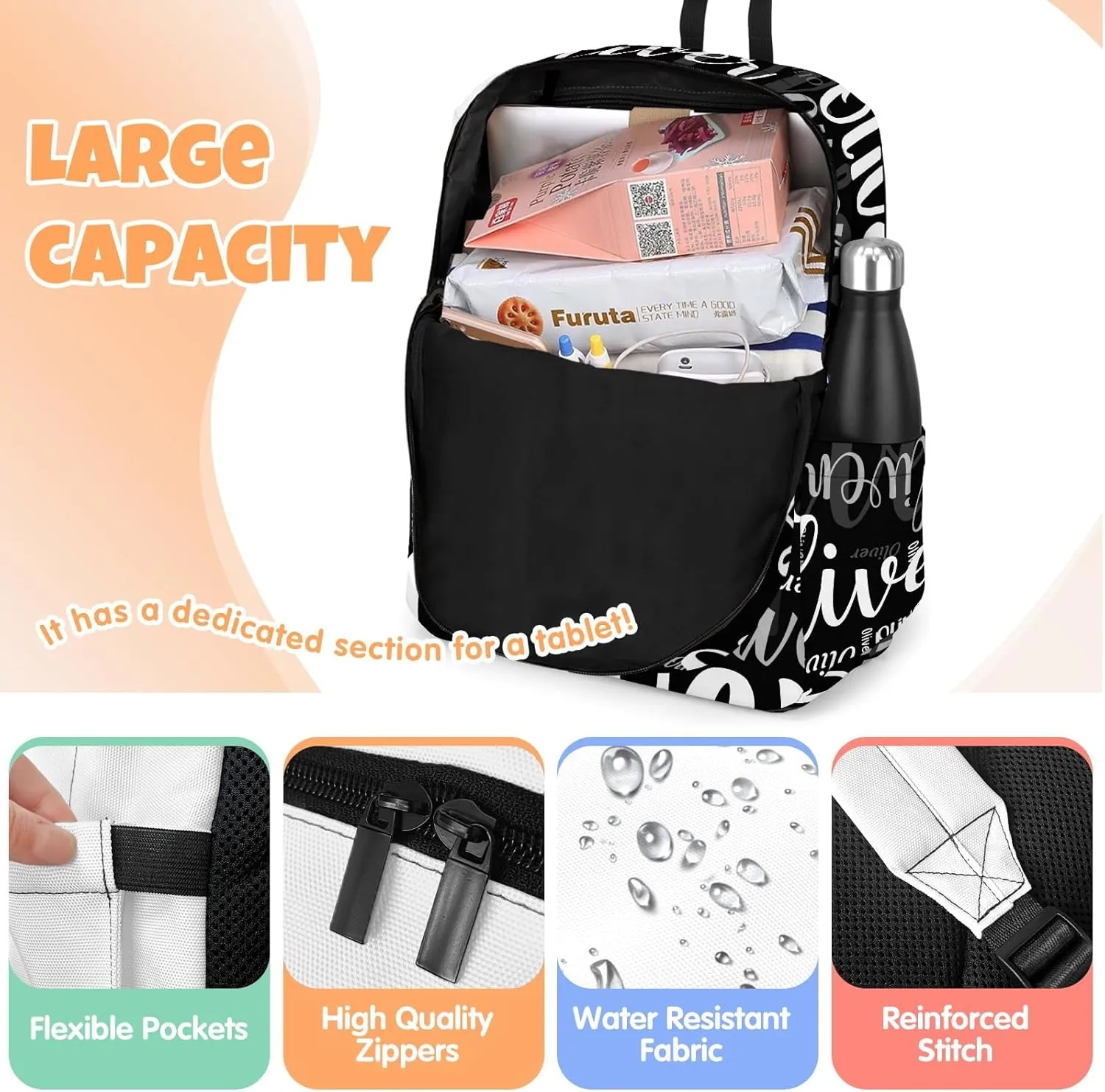 HUTARIO Personalized Backpack for School Kids - Black Bookbag Set with Lunch Box and Pencil Case, Waterproof Lightweight 16.8'