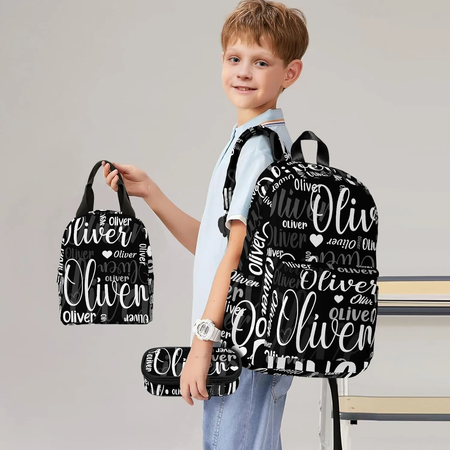 HUTARIO Personalized Backpack for School Kids - Black Bookbag Set with Lunch Box and Pencil Case, Waterproof Lightweight 16.8'