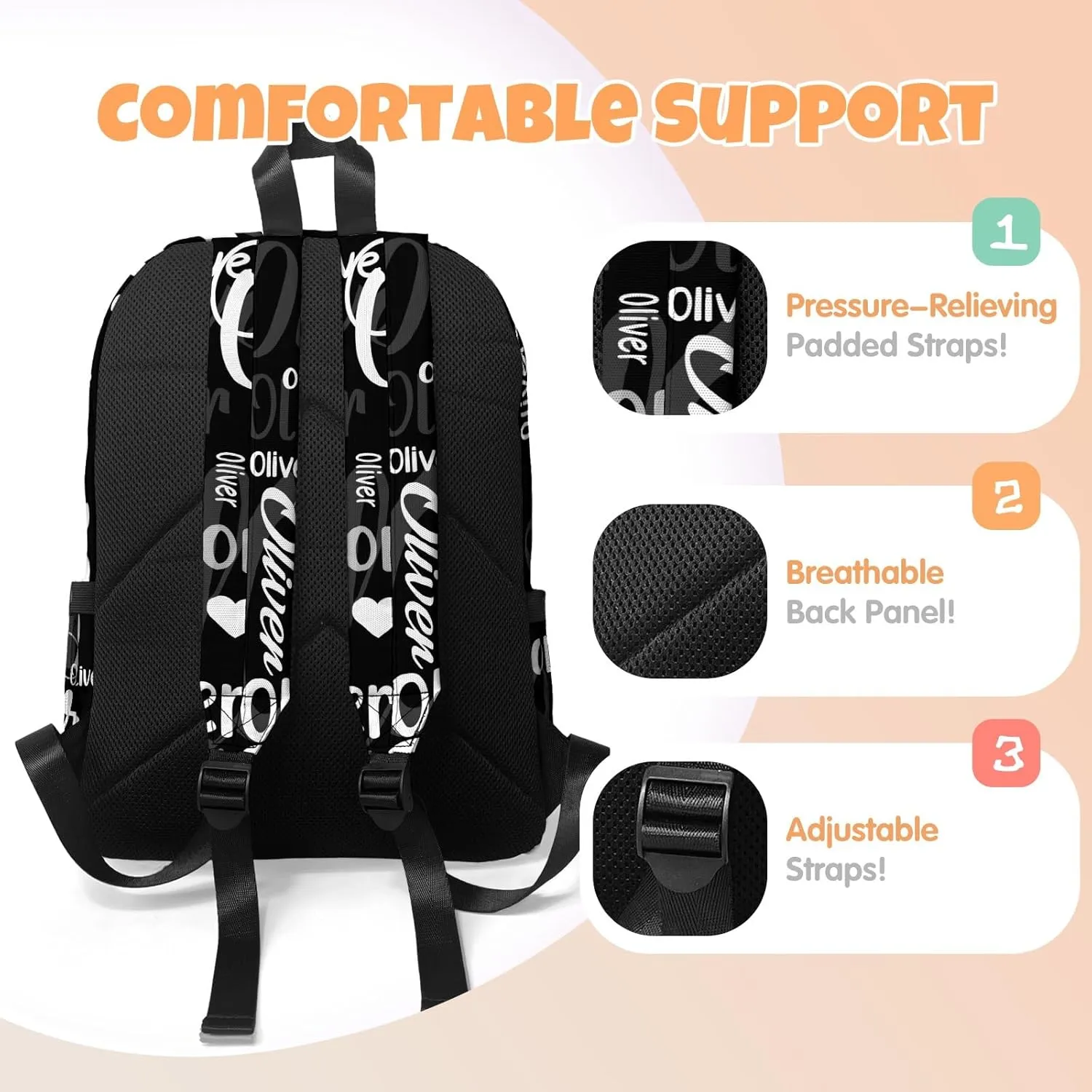 HUTARIO Personalized Backpack for School Kids - Black Bookbag Set with Lunch Box and Pencil Case, Waterproof Lightweight 16.8'
