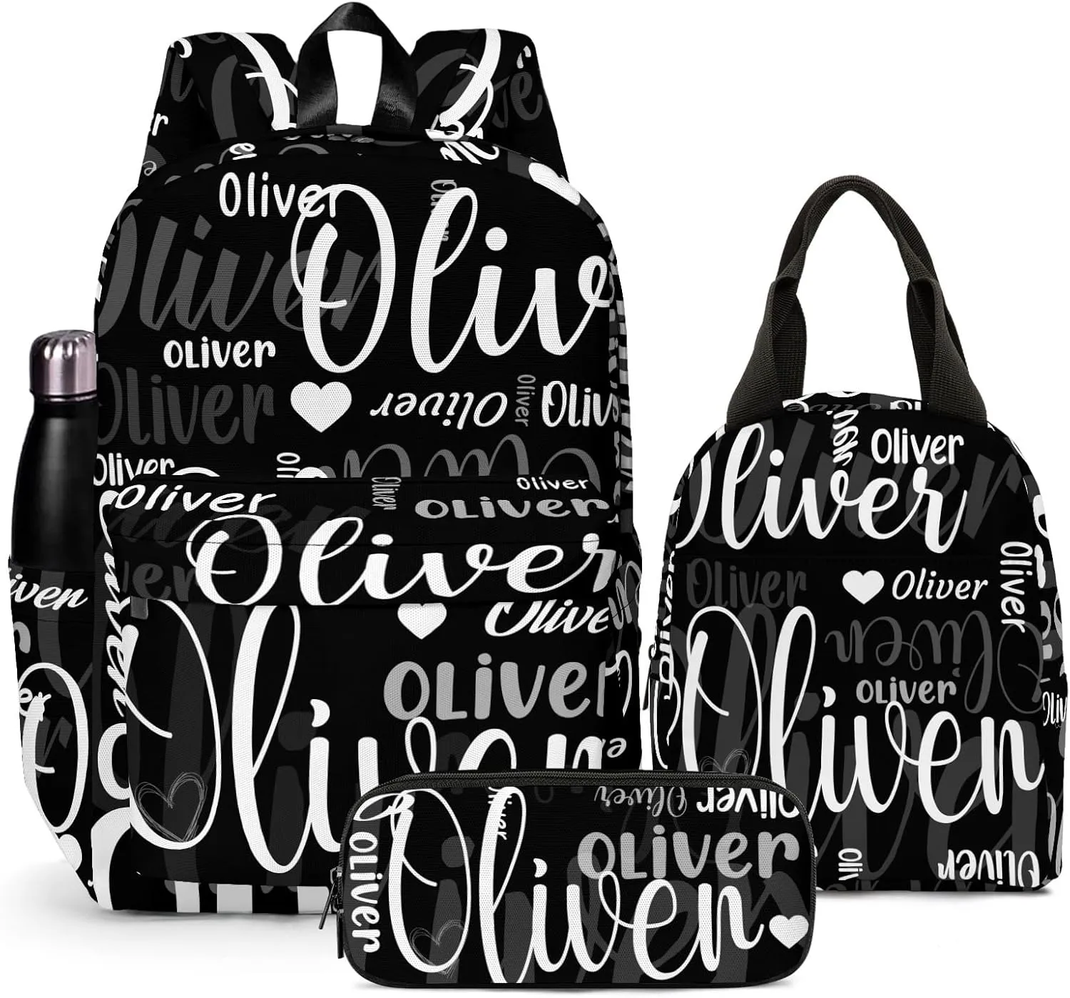 HUTARIO Personalized Backpack for School Kids - Black Bookbag Set with Lunch Box and Pencil Case, Waterproof Lightweight 16.8'