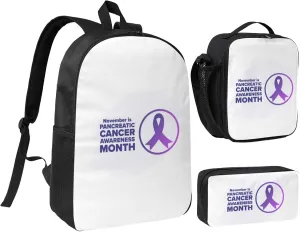 I Wear Purple For Pancreatic Cancer Awareness Backpack Set Lightweight Laptop Backpack Lunch Bag with Pencil Case for Women Men Travel Work