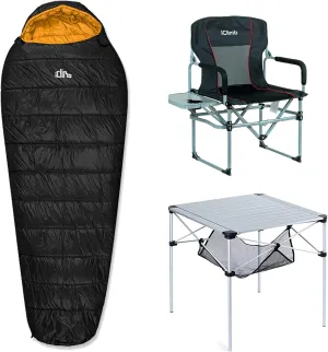 iClimb 1 3M Thinsulate Insulation Sleeping Bag and 1 Heavy Duty Compact Folding Chair and 1 Folding Square Table Bundle for Single Person Camping Glamping Picnic Backyards BBQ