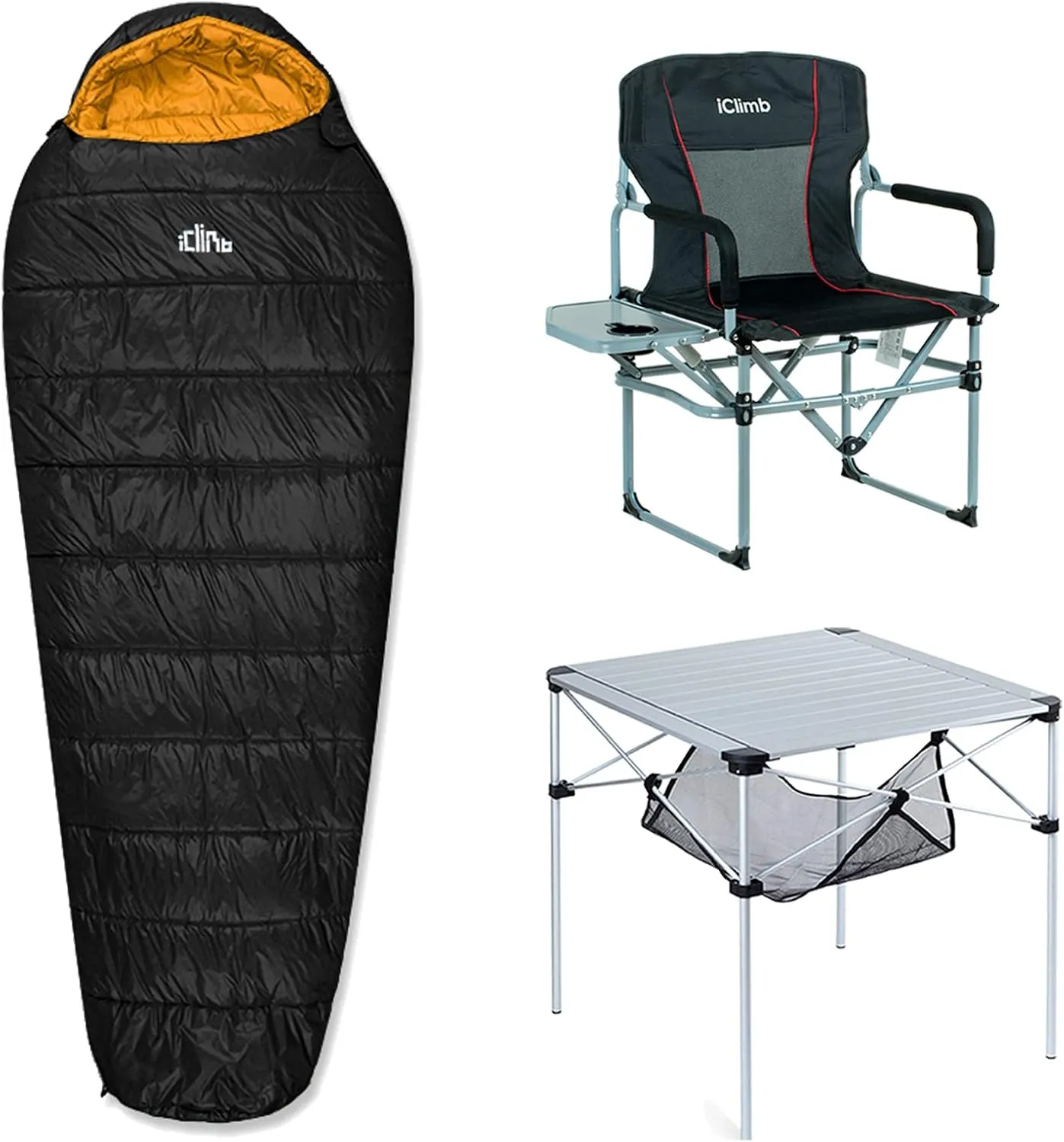 iClimb 1 3M Thinsulate Insulation Sleeping Bag and 1 Heavy Duty Compact Folding Chair and 1 Folding Square Table Bundle for Single Person Camping Glamping Picnic Backyards BBQ