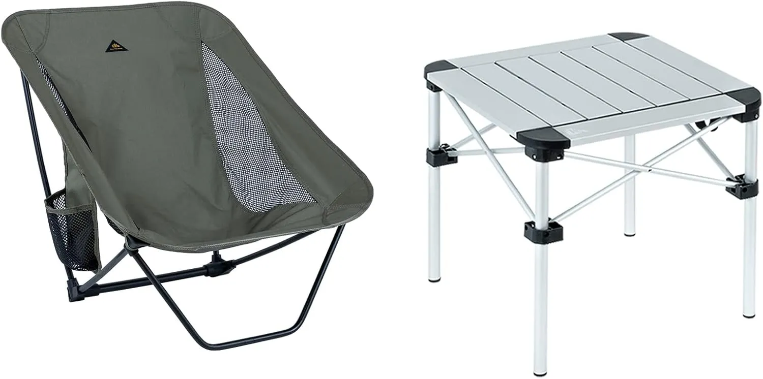 iClimb 1 Lightweight Stable Folding Square Table and 1 Ultralight Compact Low Folding Chair Bundle, for Adults Outdoor Camping Beach Concert