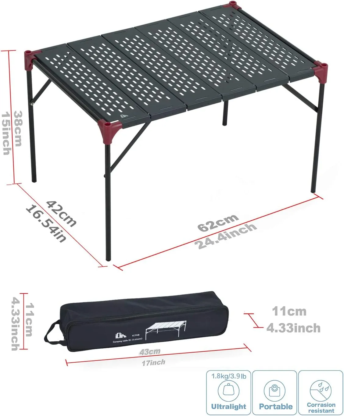 iClimb Extendable Folding Table Large Tabletop Area Ultralight Compact with Hollow Out Tabletop and Carry Bag for Camping Backpacking Beach Concert BBQ Party, Three Size (Black - XL)