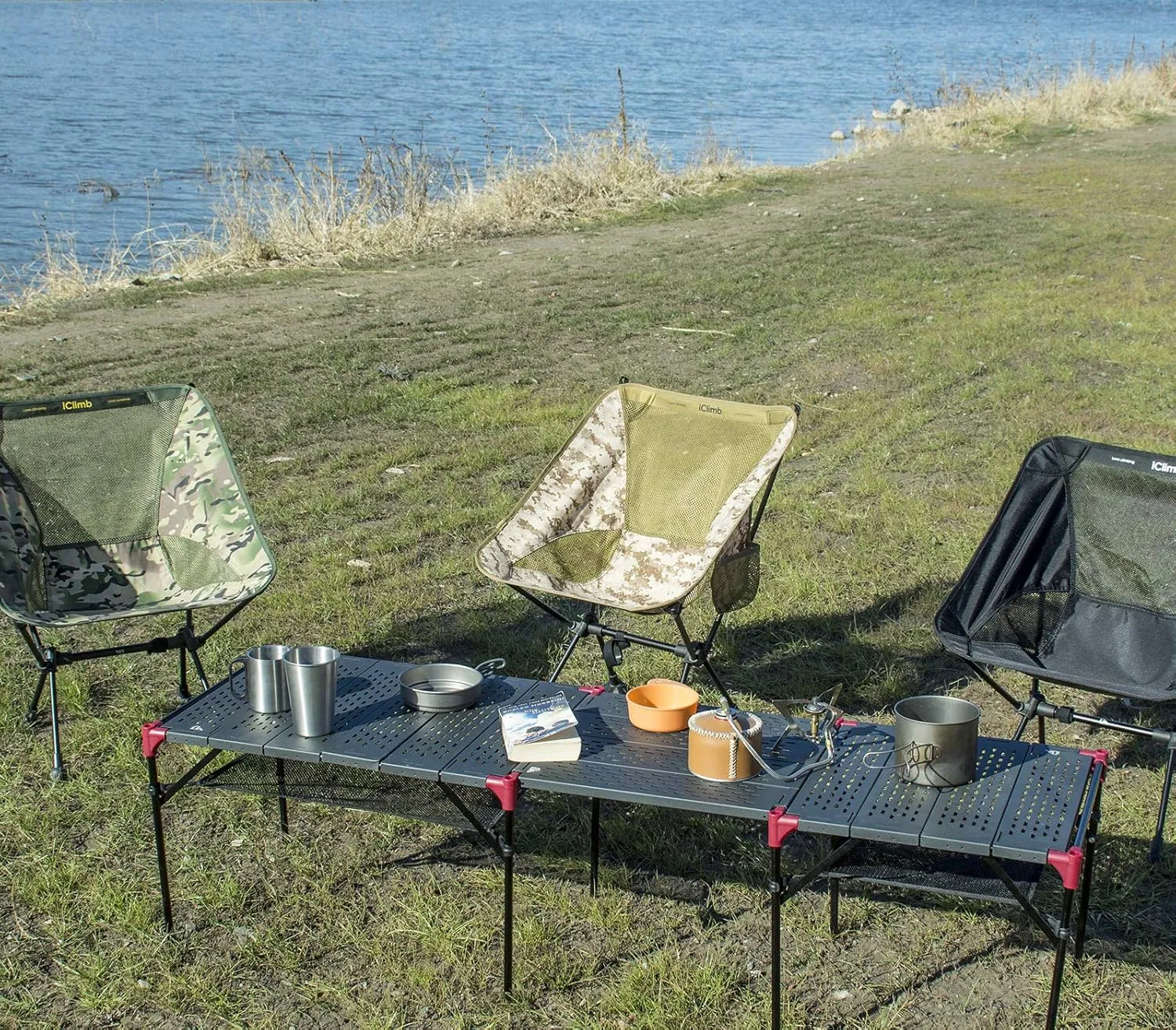 iClimb Extendable Folding Table Large Tabletop Area Ultralight Compact with Hollow Out Tabletop and Carry Bag for Camping Backpacking Beach Concert BBQ Party, Three Size (Black - XL)