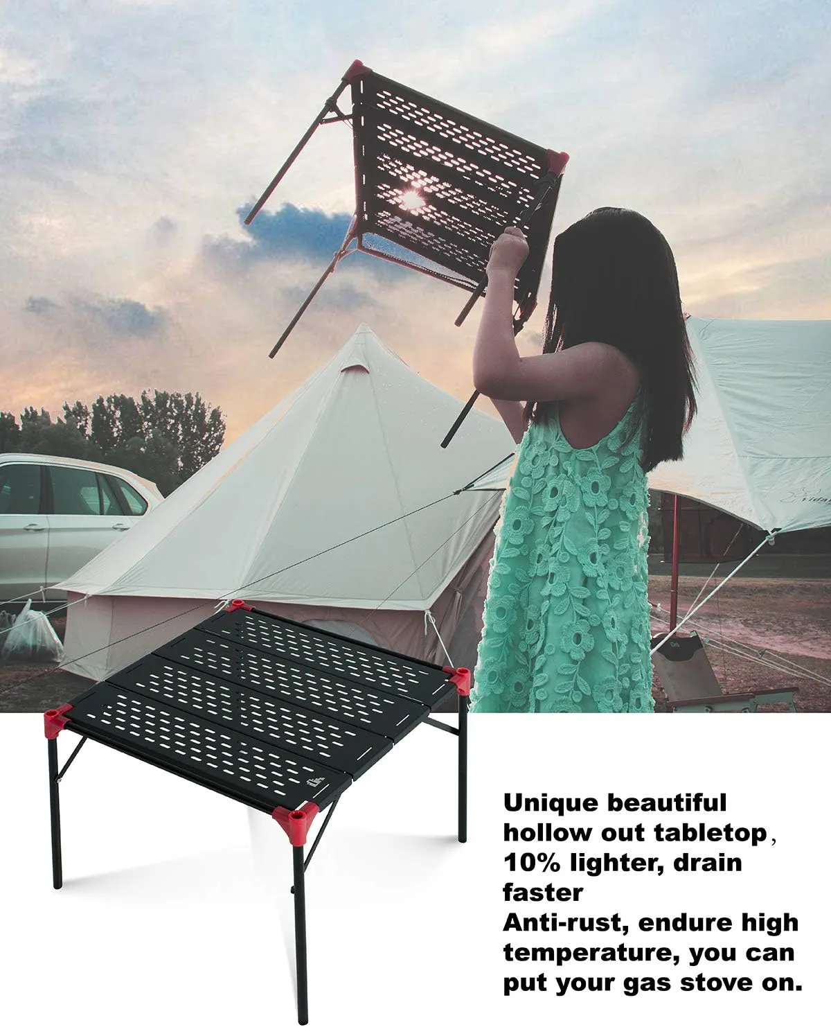 iClimb Extendable Folding Table Large Tabletop Area Ultralight Compact with Hollow Out Tabletop and Carry Bag for Camping Backpacking Beach Concert BBQ Party, Three Size (Black - XL)