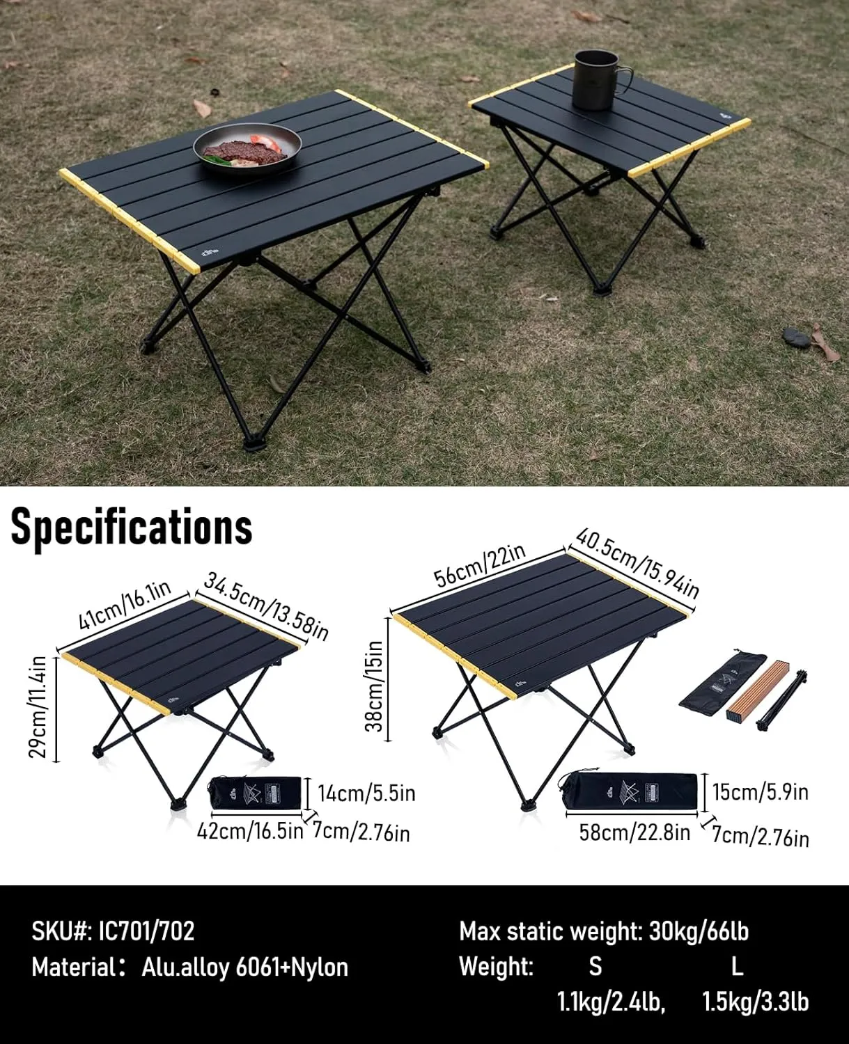 iClimb Ultralight Compact Camping Folding Table with Carry Bag (Black - S)
